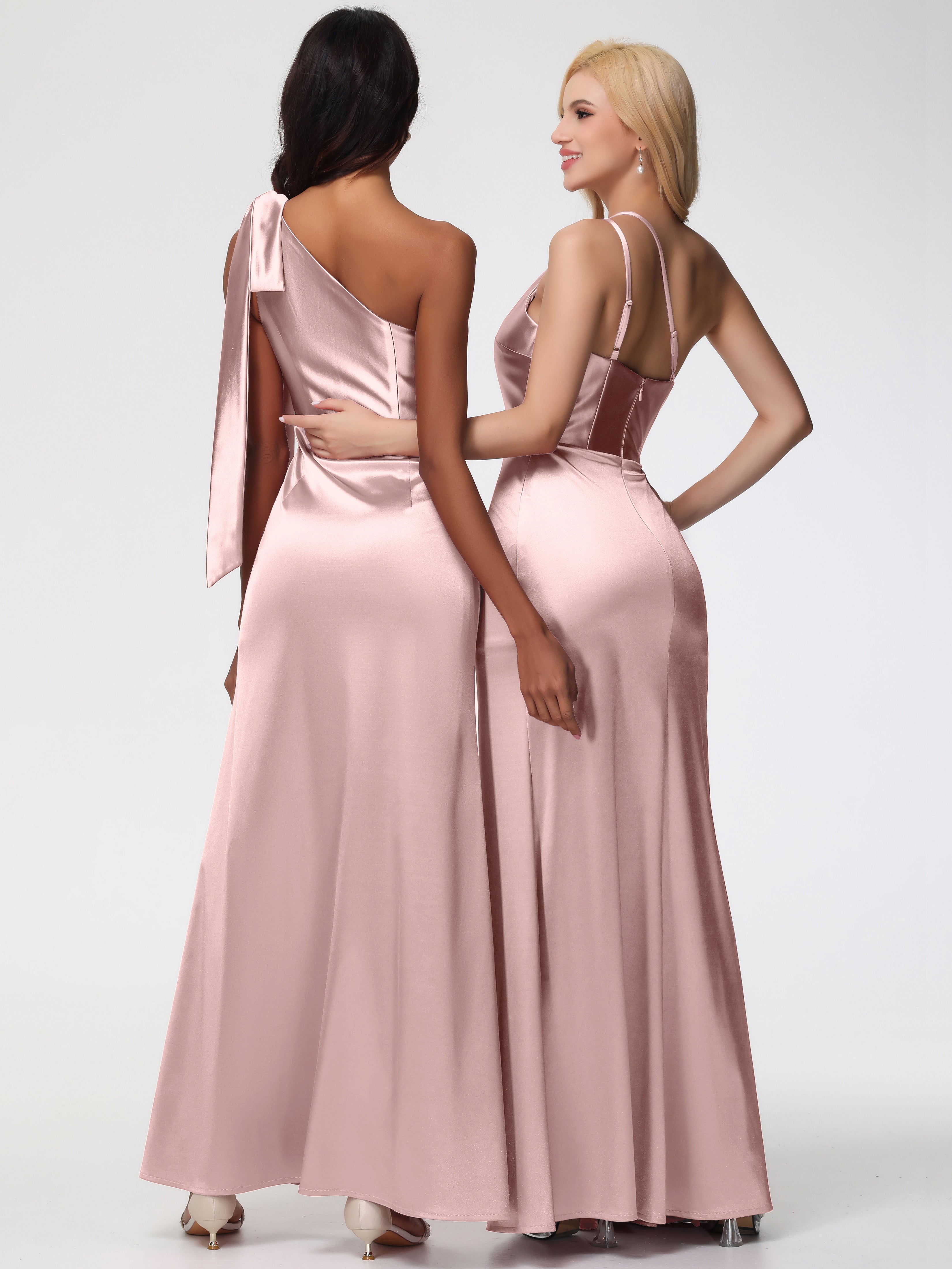 Robe Demoiselle D Honneur Rose Poudrée Satin Extensible Seule-Épaule Robe Fourreau Demoiselle D Honneur