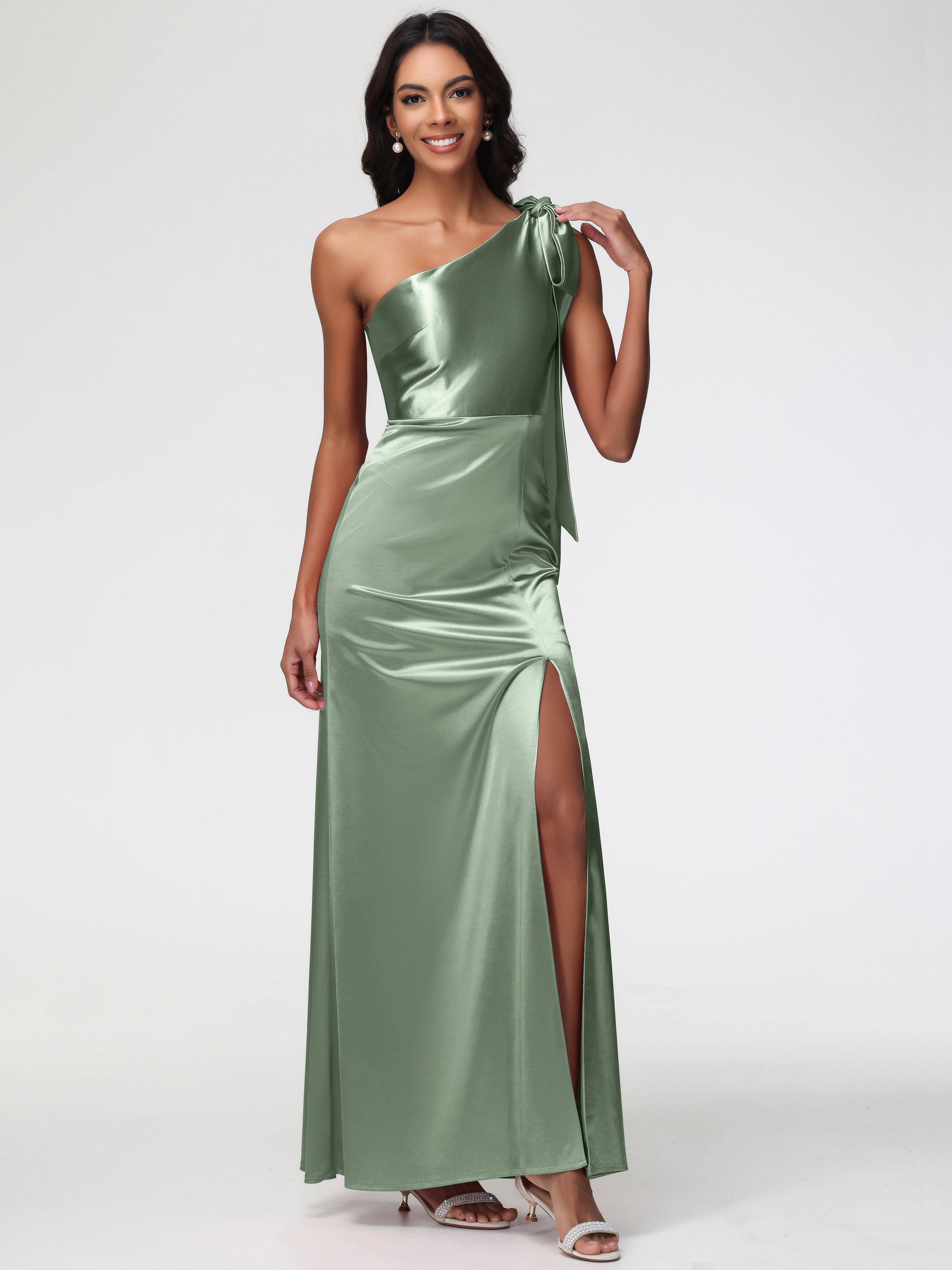 Robes De Demoiselle D'Honneur Vert Sauge Poussiéreux Satin Extensible Seule-Épaule Robe Fourreau Demoiselle D Honneur