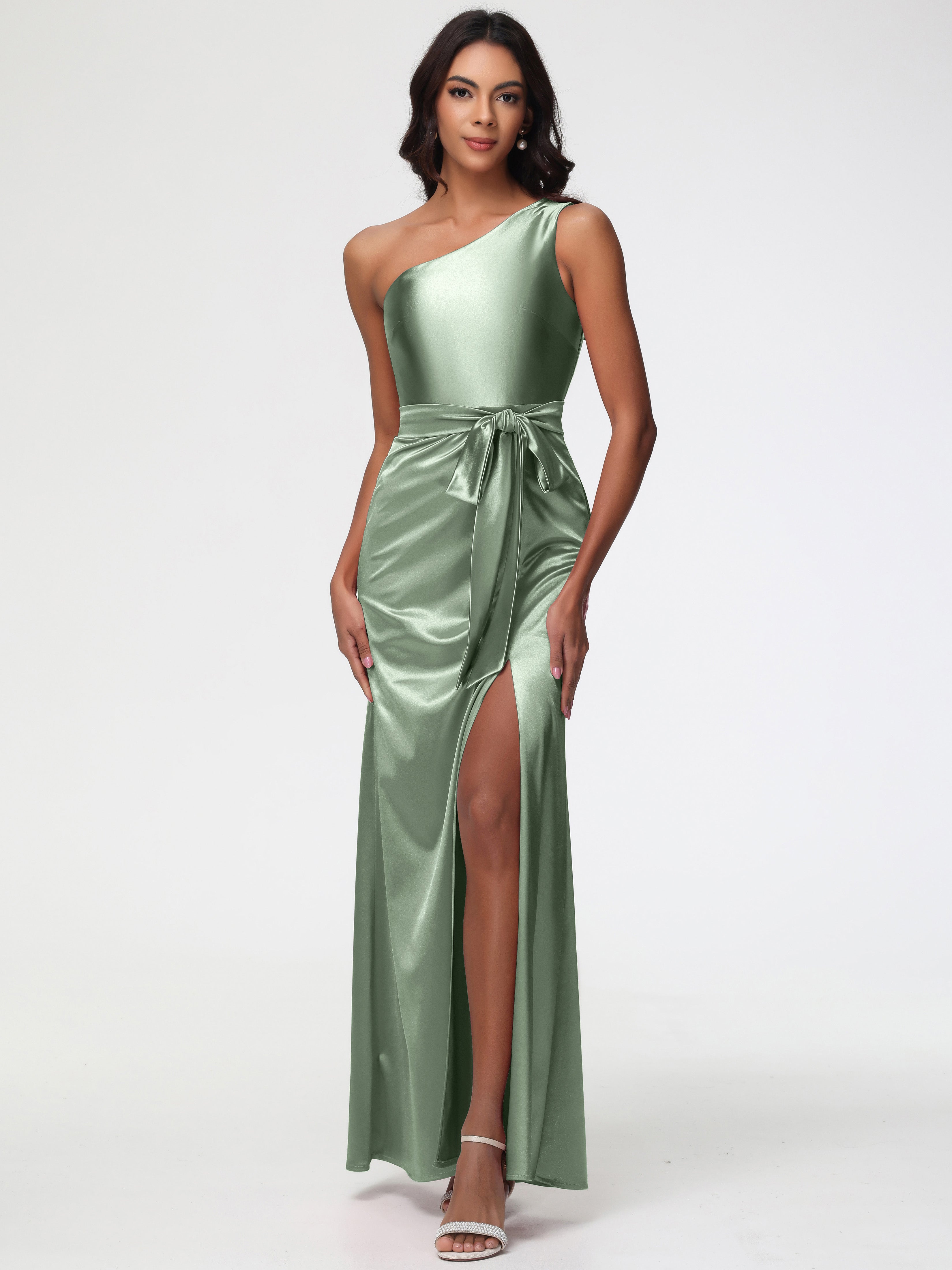 Robes De Demoiselle D'Honneur Vert Sauge Poussiéreux Satin Extensible Seule-Épaule Robe Fourreau Demoiselle D Honneur