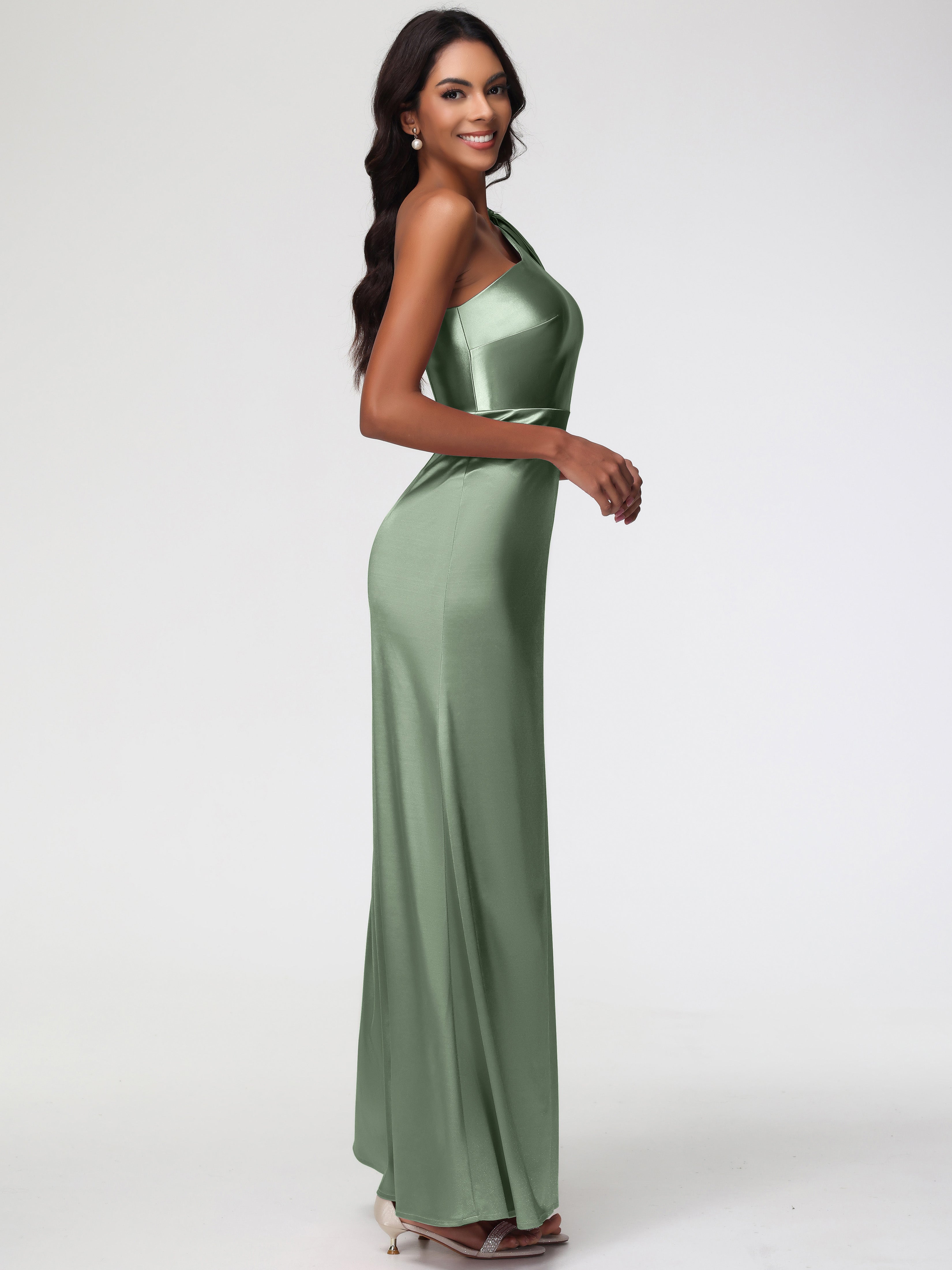 Robes De Demoiselle D'Honneur Vert Sauge Poussiéreux Satin Extensible Seule-Épaule Robe Fourreau Demoiselle D Honneur