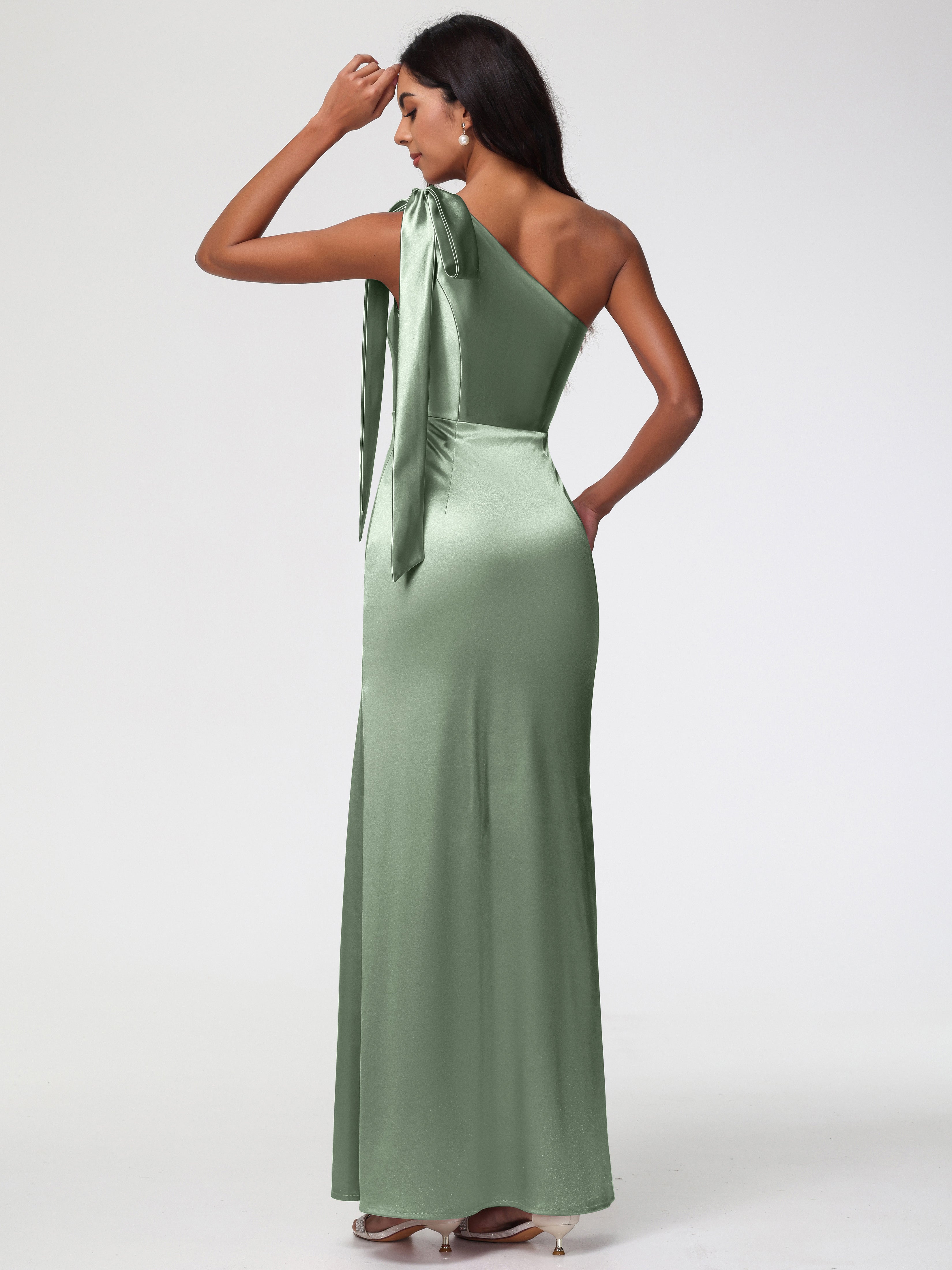 Robes De Demoiselle D'Honneur Vert Sauge Poussiéreux Satin Extensible Seule-Épaule Robe Fourreau Demoiselle D Honneur