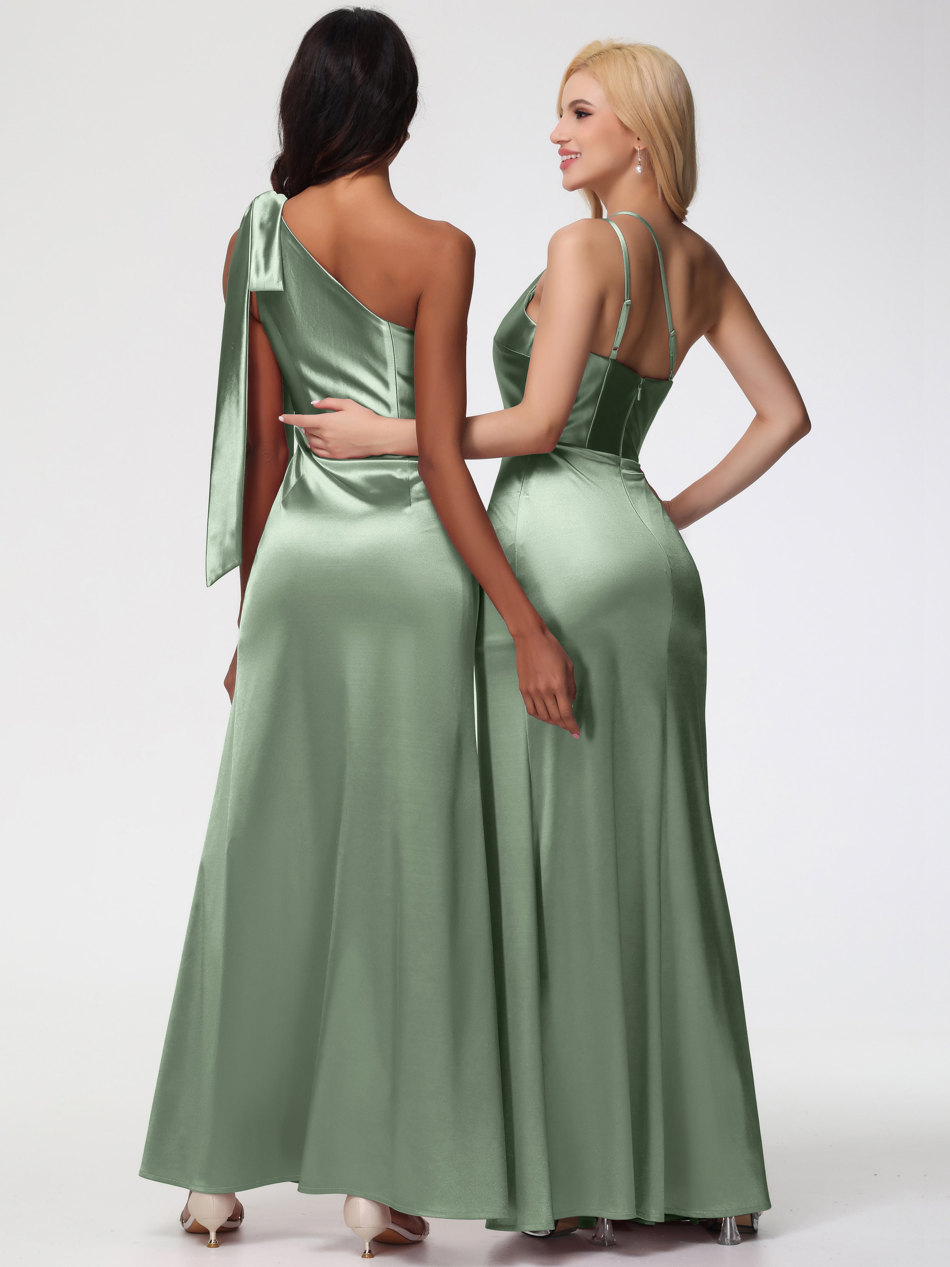 Robes De Demoiselle D'Honneur Vert Sauge Poussiéreux Satin Extensible Seule-Épaule Robe Fourreau Demoiselle D Honneur