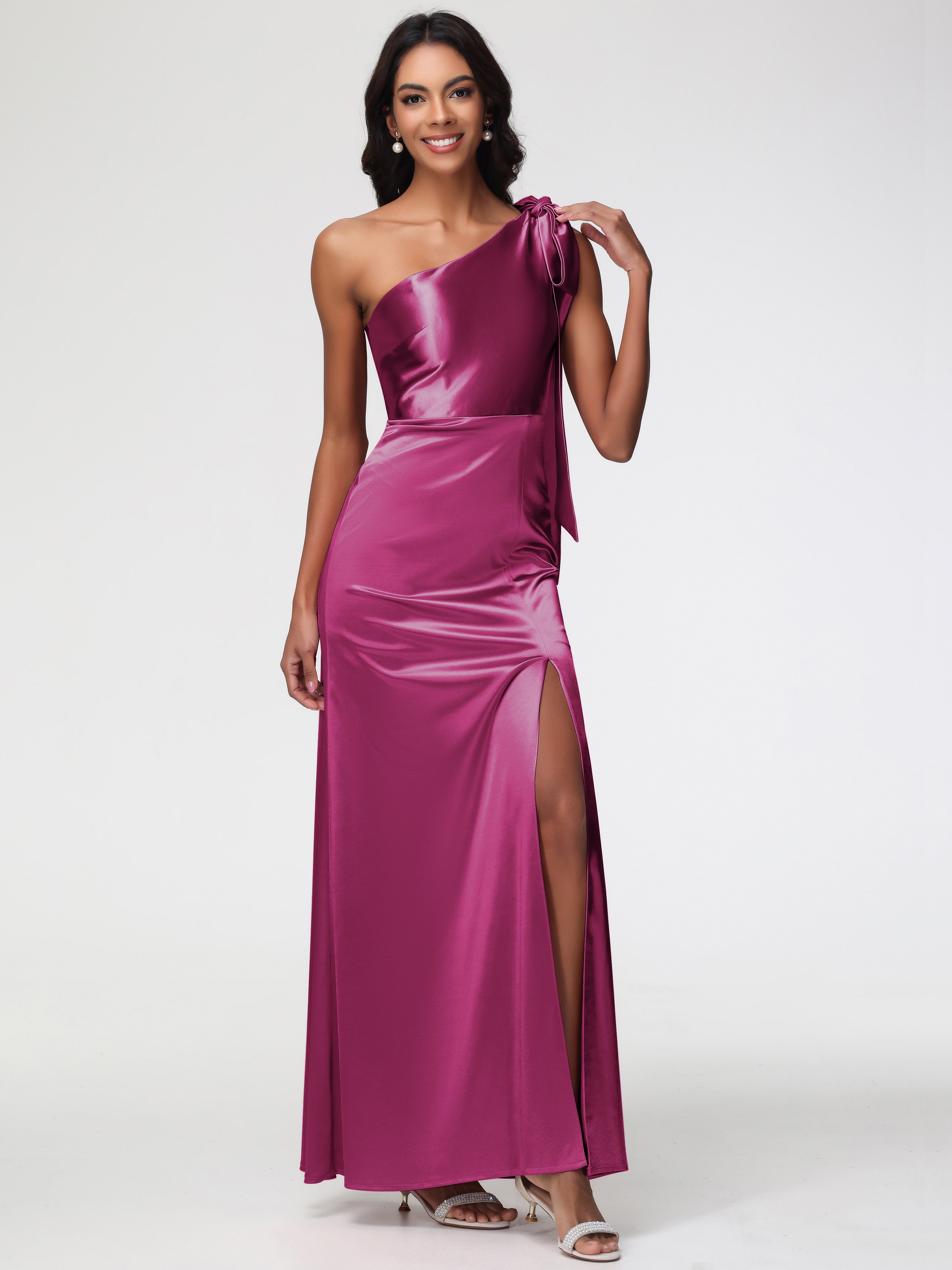 Robe Rose Fuchsia Demoiselle D Honneur Satin Extensible Seule-Épaule Robe Fourreau Demoiselle D Honneur