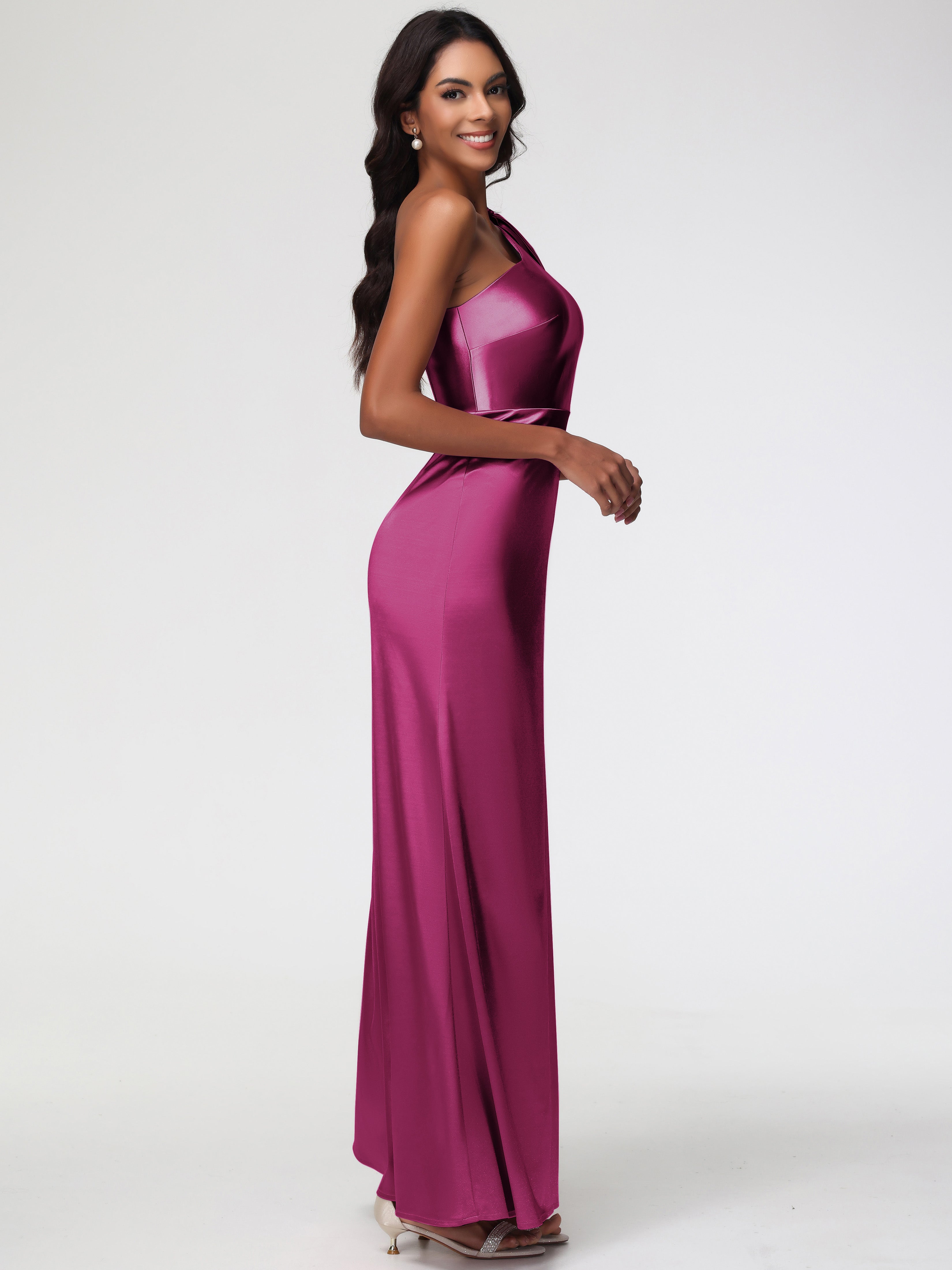 Robe Rose Fuchsia Demoiselle D Honneur Satin Extensible Seule-Épaule Robe Fourreau Demoiselle D Honneur