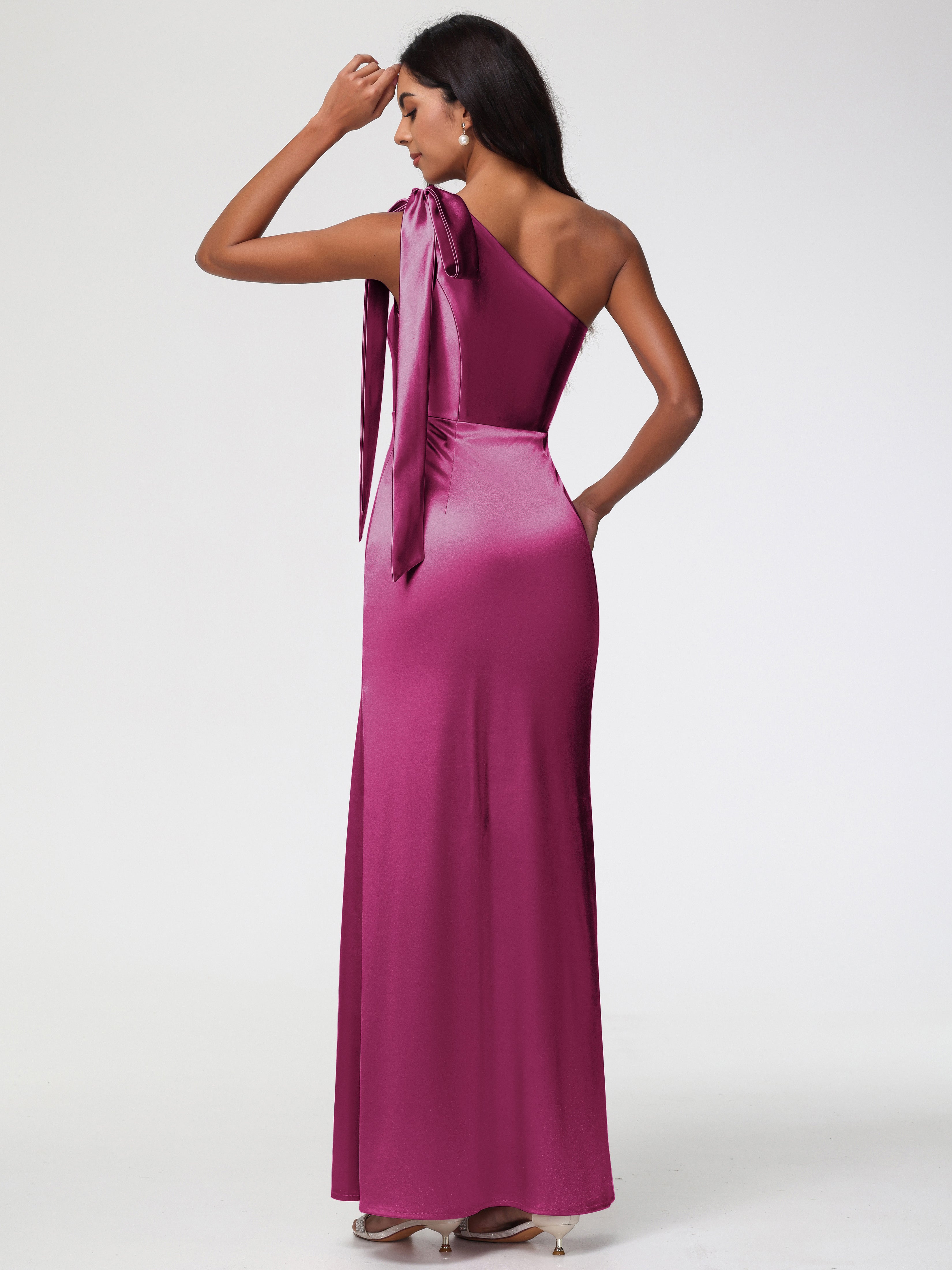 Robe Rose Fuchsia Demoiselle D Honneur Satin Extensible Seule-Épaule Robe Fourreau Demoiselle D Honneur