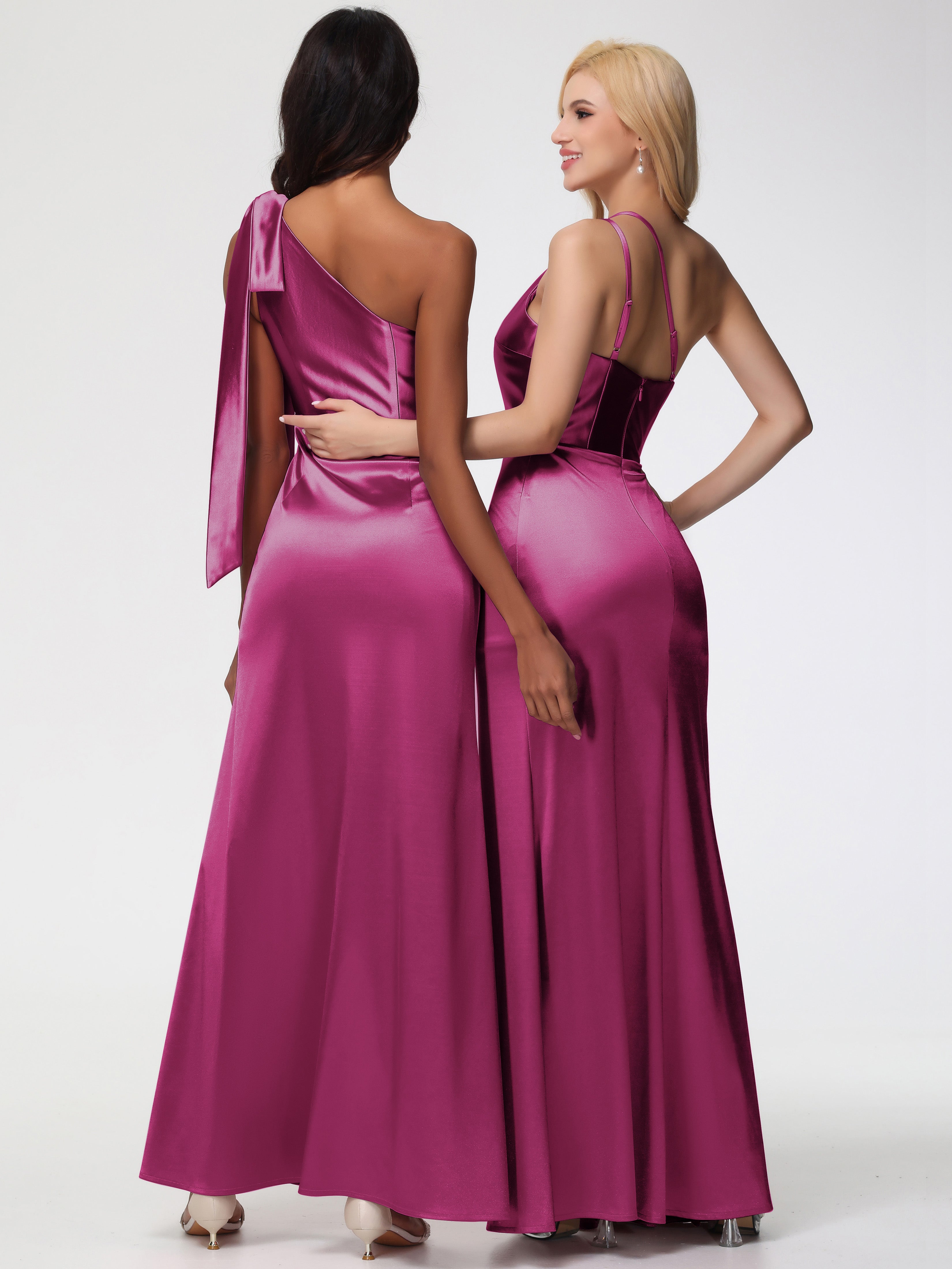 Robe Rose Fuchsia Demoiselle D Honneur Satin Extensible Seule-Épaule Robe Fourreau Demoiselle D Honneur