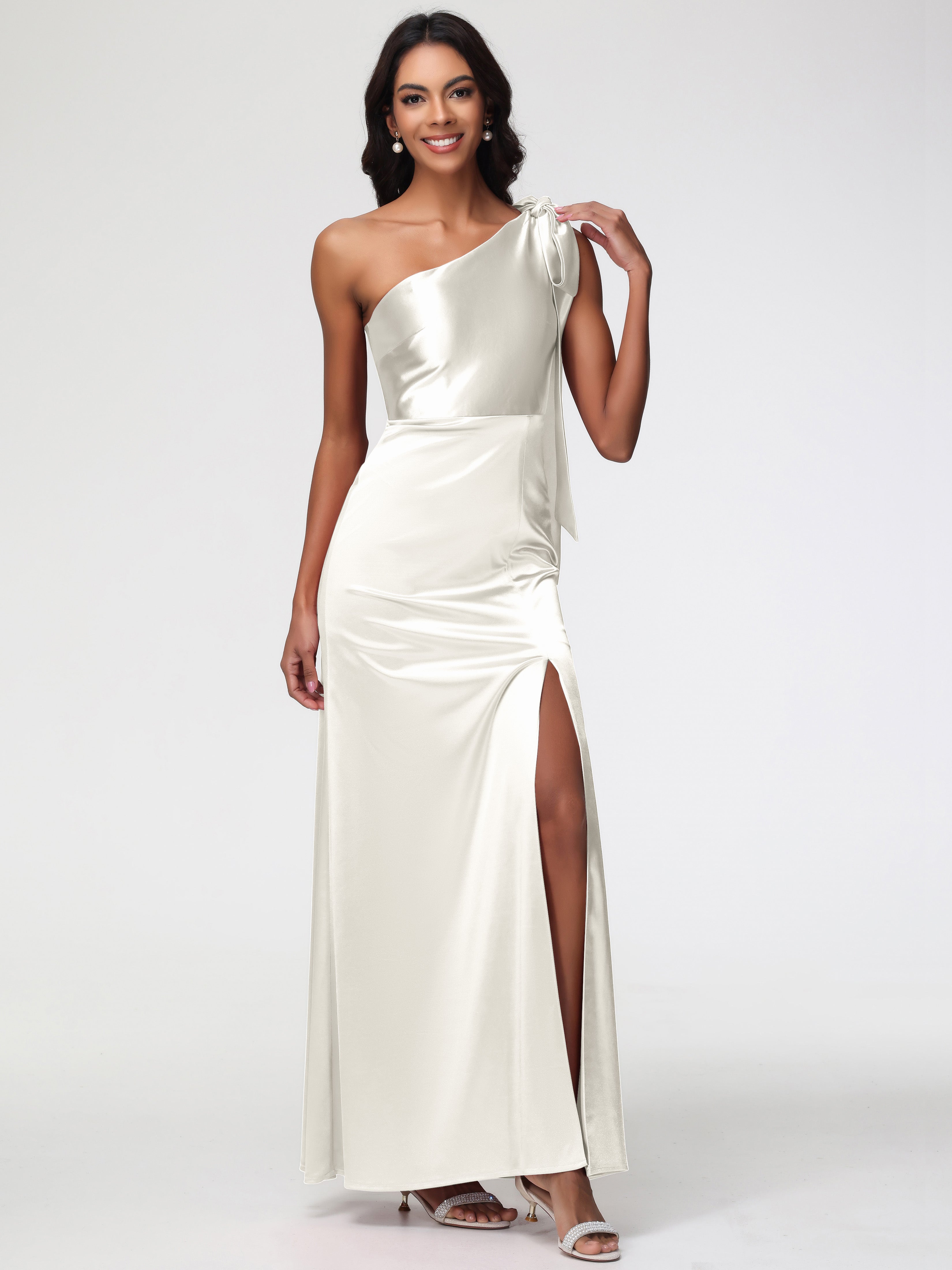 Robes De Demoiselle D'Honneur Ivoire Satin Extensible Seule-Épaule Robe Fourreau Demoiselle D Honneur