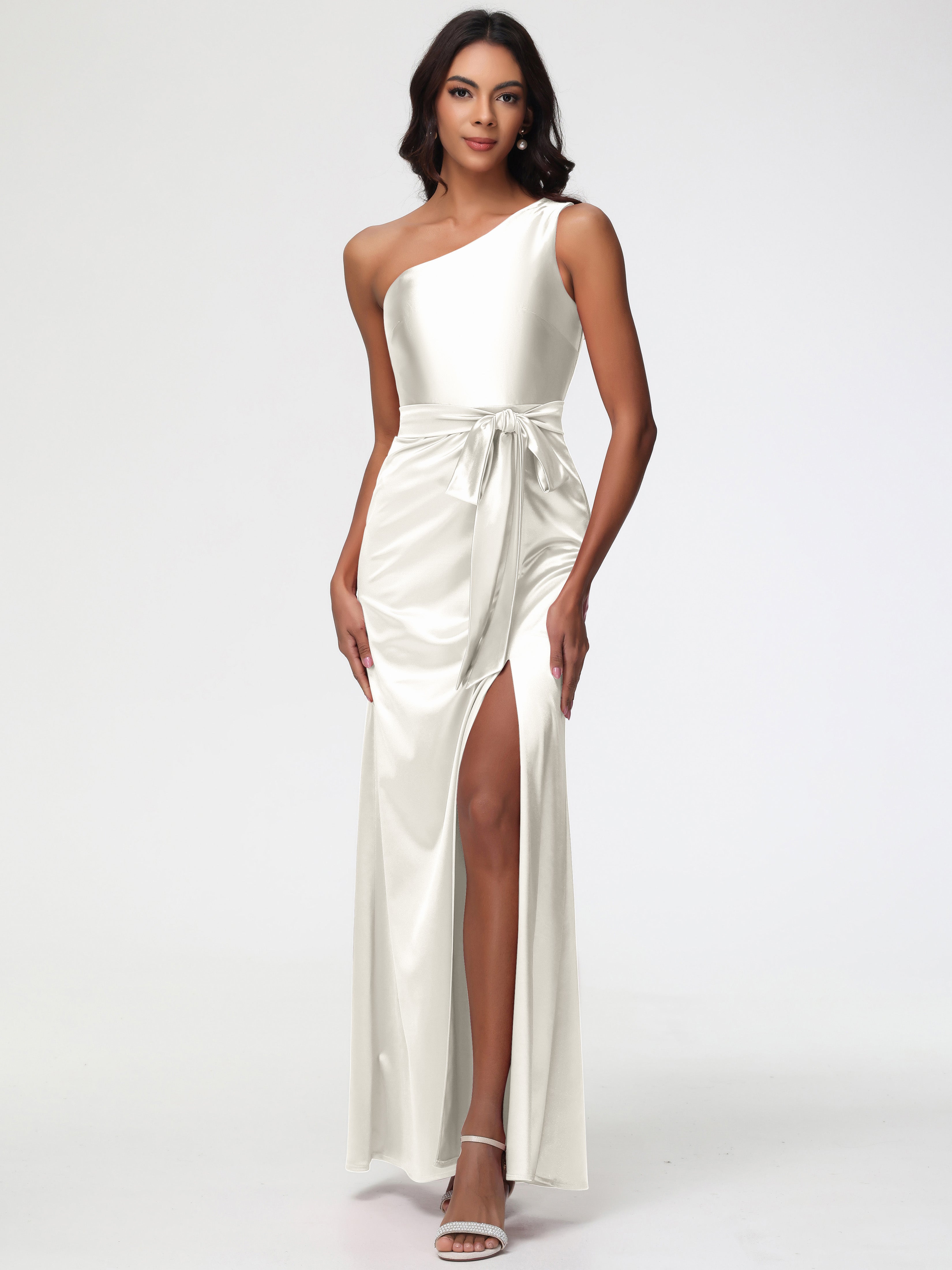 Robes De Demoiselle D'Honneur Ivoire Satin Extensible Seule-Épaule Robe Fourreau Demoiselle D Honneur