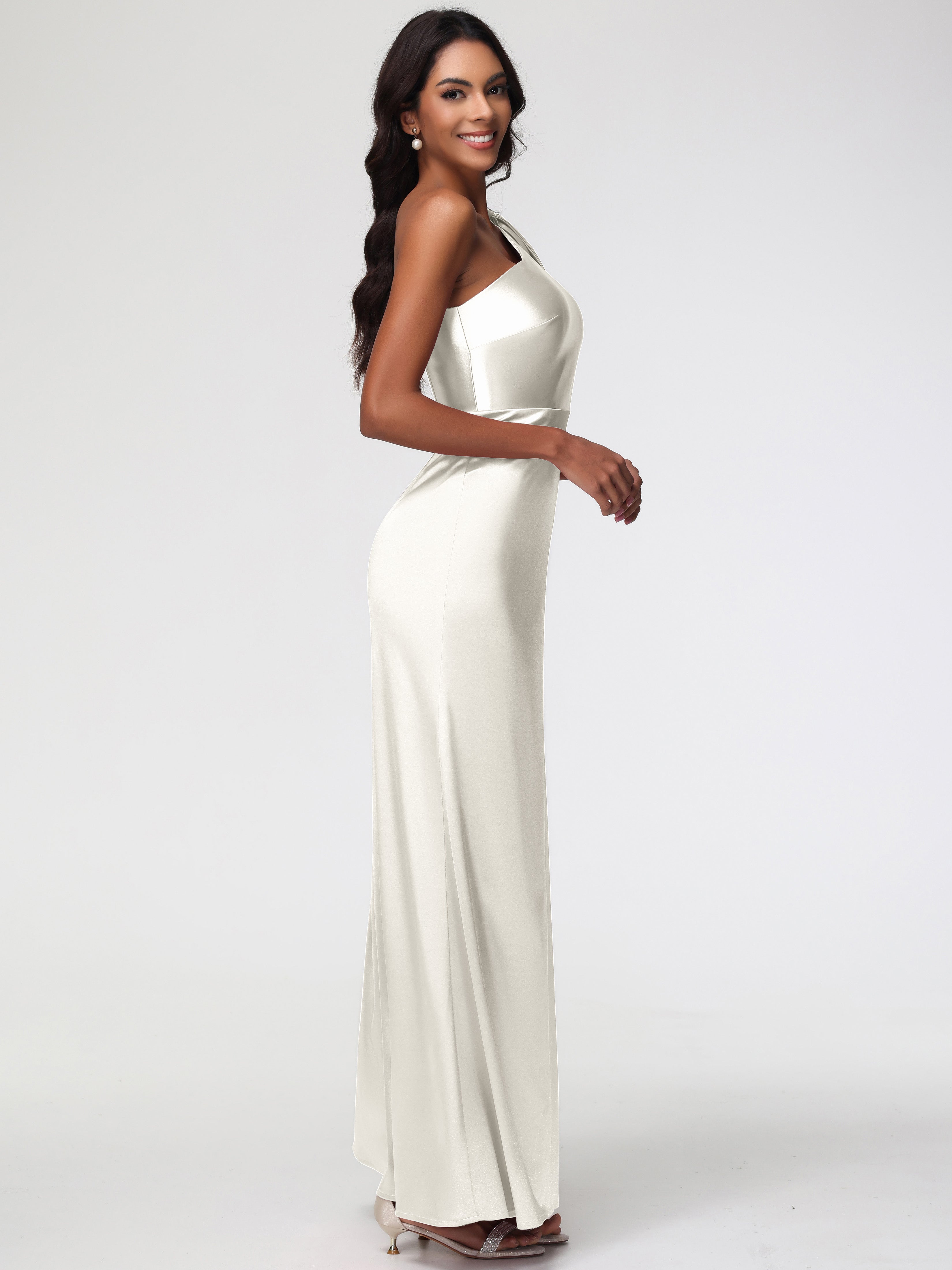 Robes De Demoiselle D'Honneur Ivoire Satin Extensible Seule-Épaule Robe Fourreau Demoiselle D Honneur