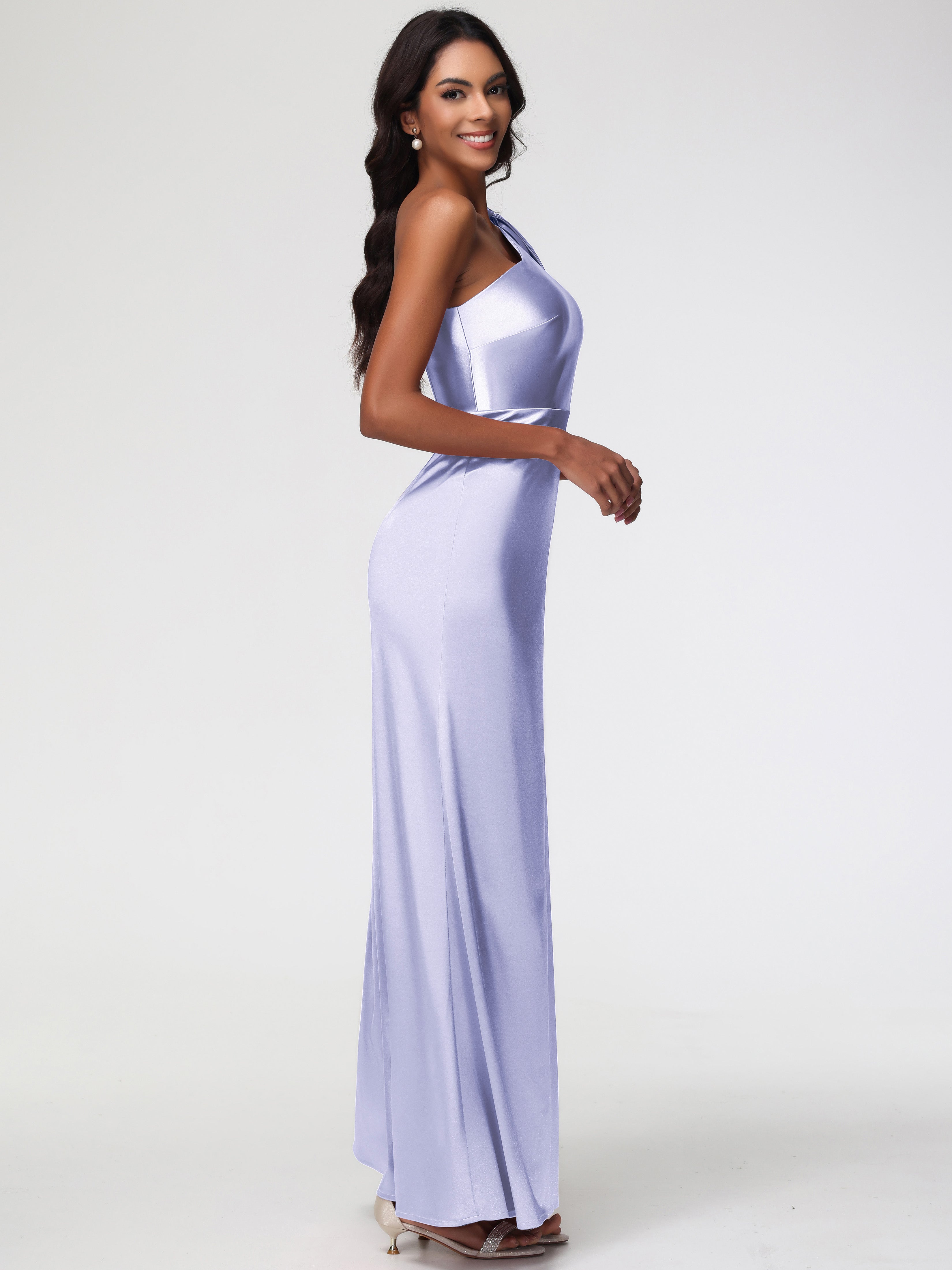Robes De Demoiselle D'Honneur Lavande Satin Extensible Seule-Épaule Robe Fourreau Demoiselle D Honneur