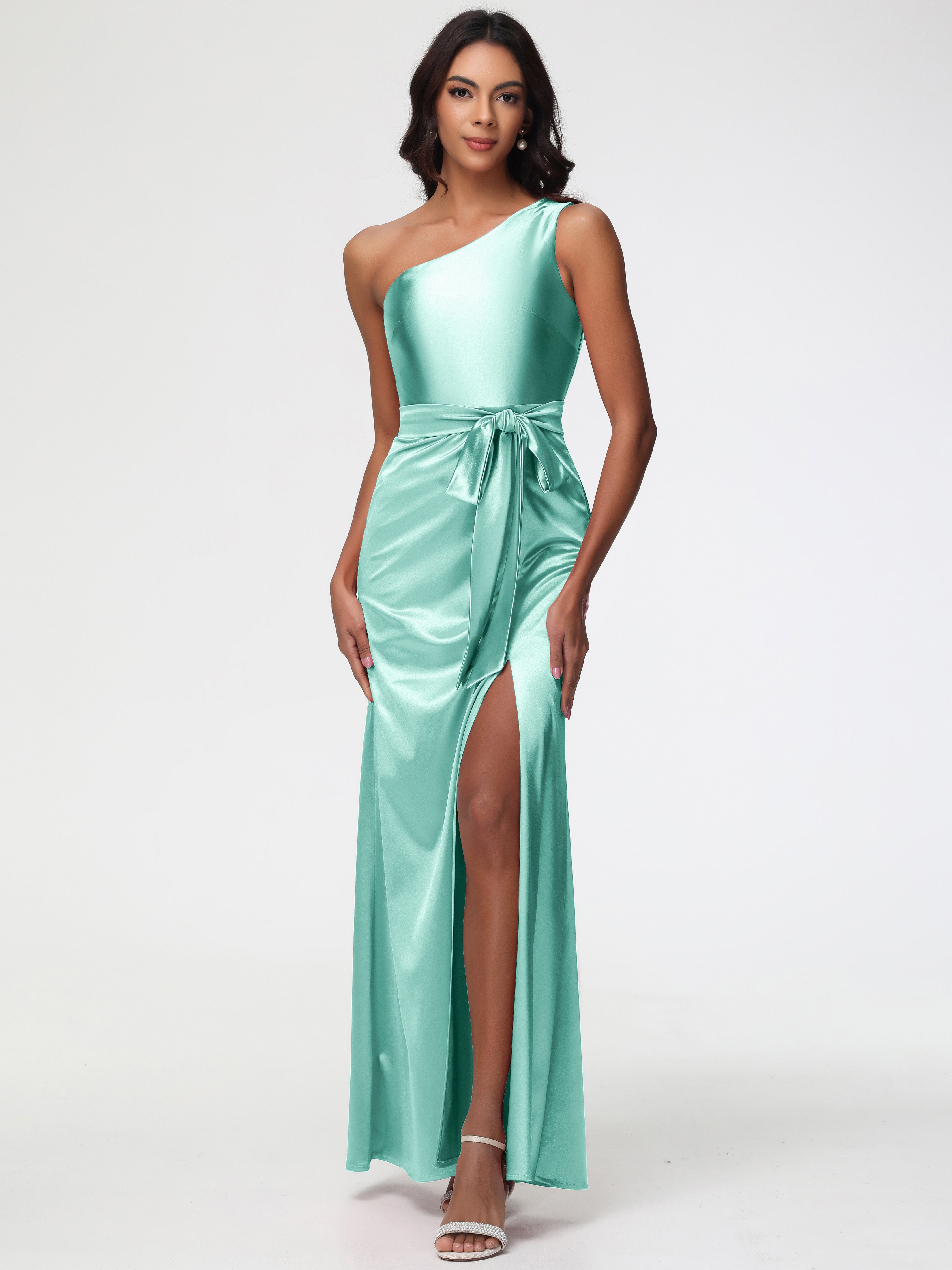 Robe Demoiselle D Honneur Vert Menthe Satin Extensible Seule-Épaule Robe Fourreau Demoiselle D Honneur