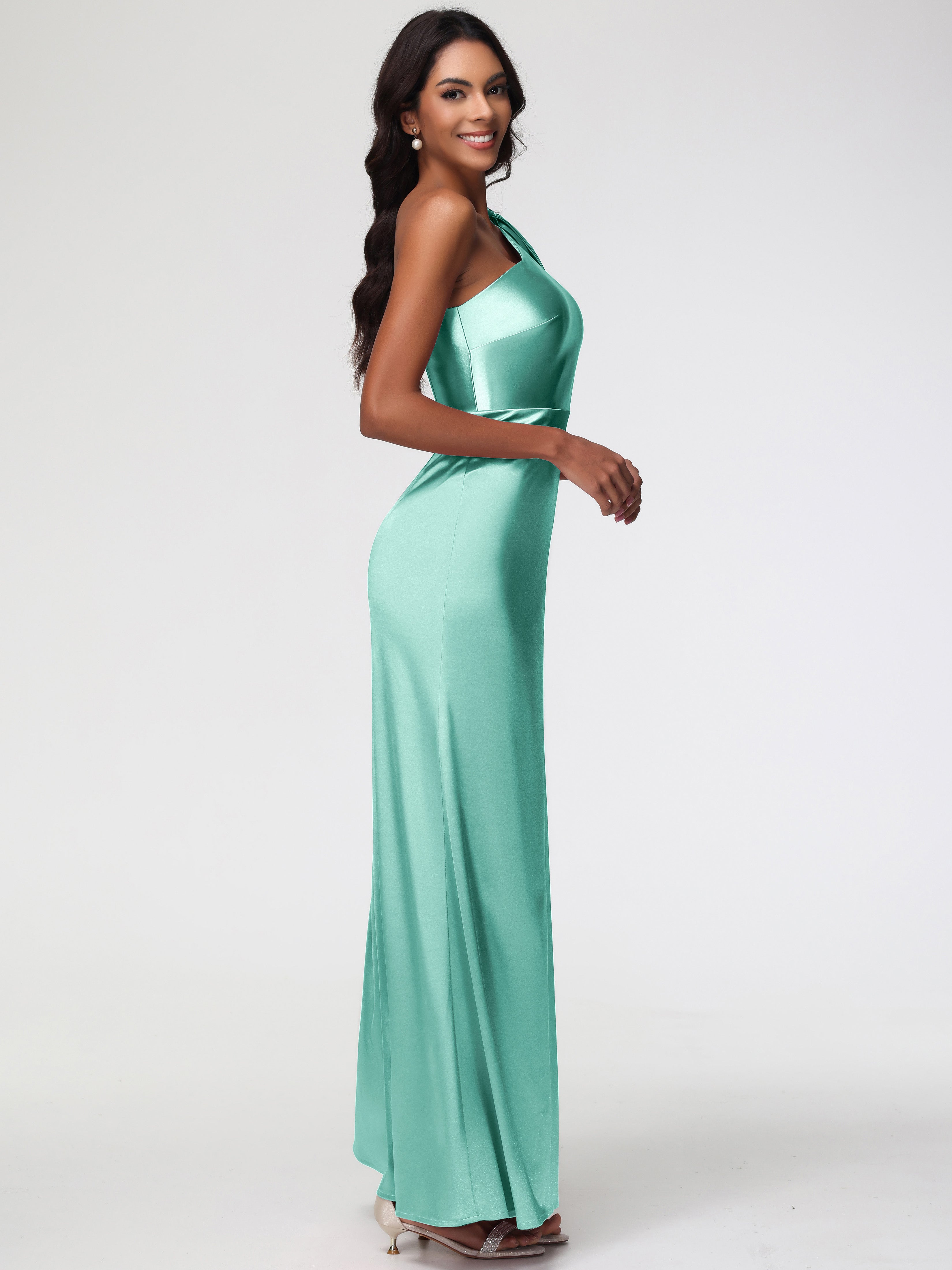 Robe Demoiselle D Honneur Vert Menthe Satin Extensible Seule-Épaule Robe Fourreau Demoiselle D Honneur