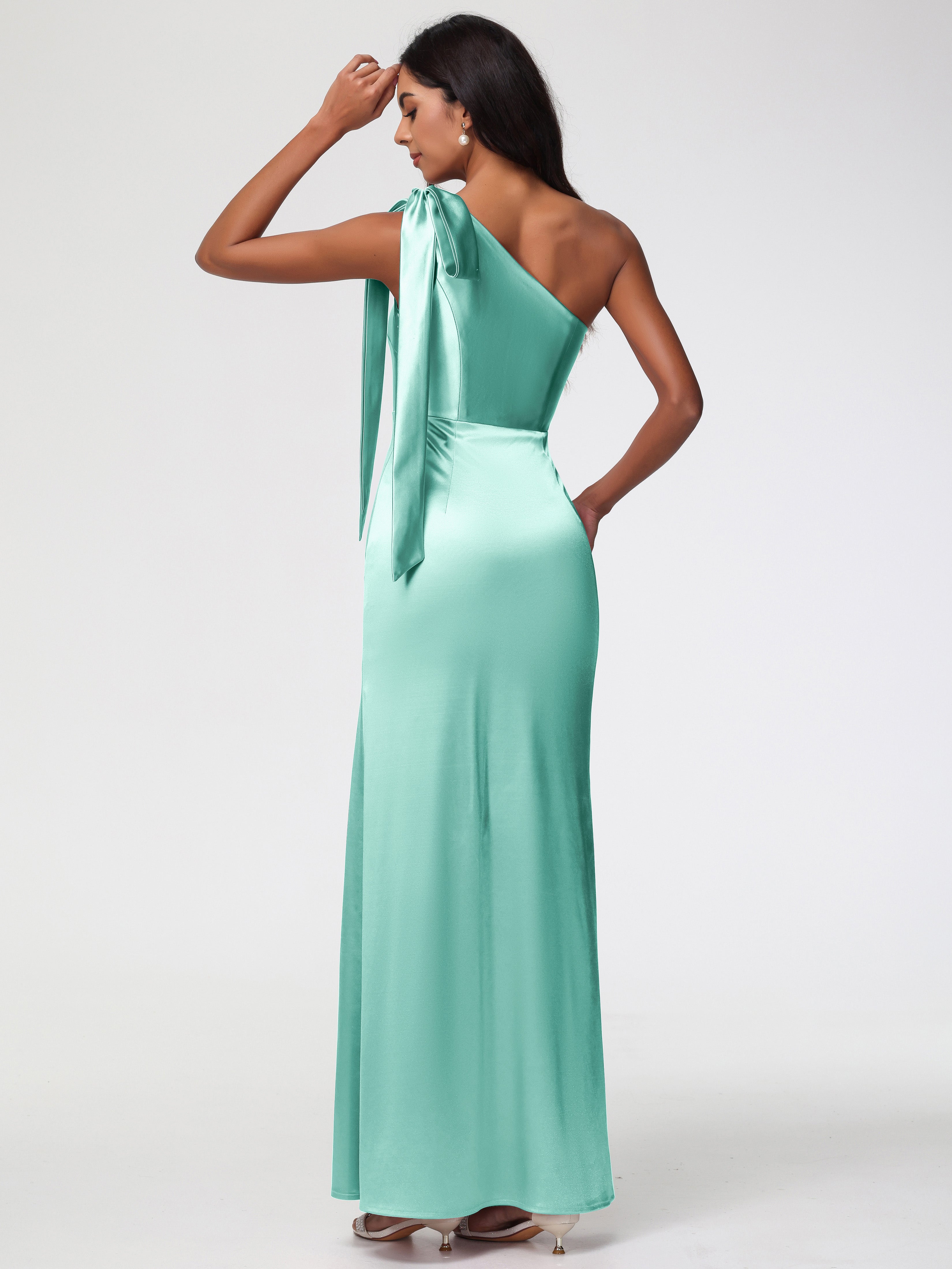 Robe Demoiselle D Honneur Vert Menthe Satin Extensible Seule-Épaule Robe Fourreau Demoiselle D Honneur