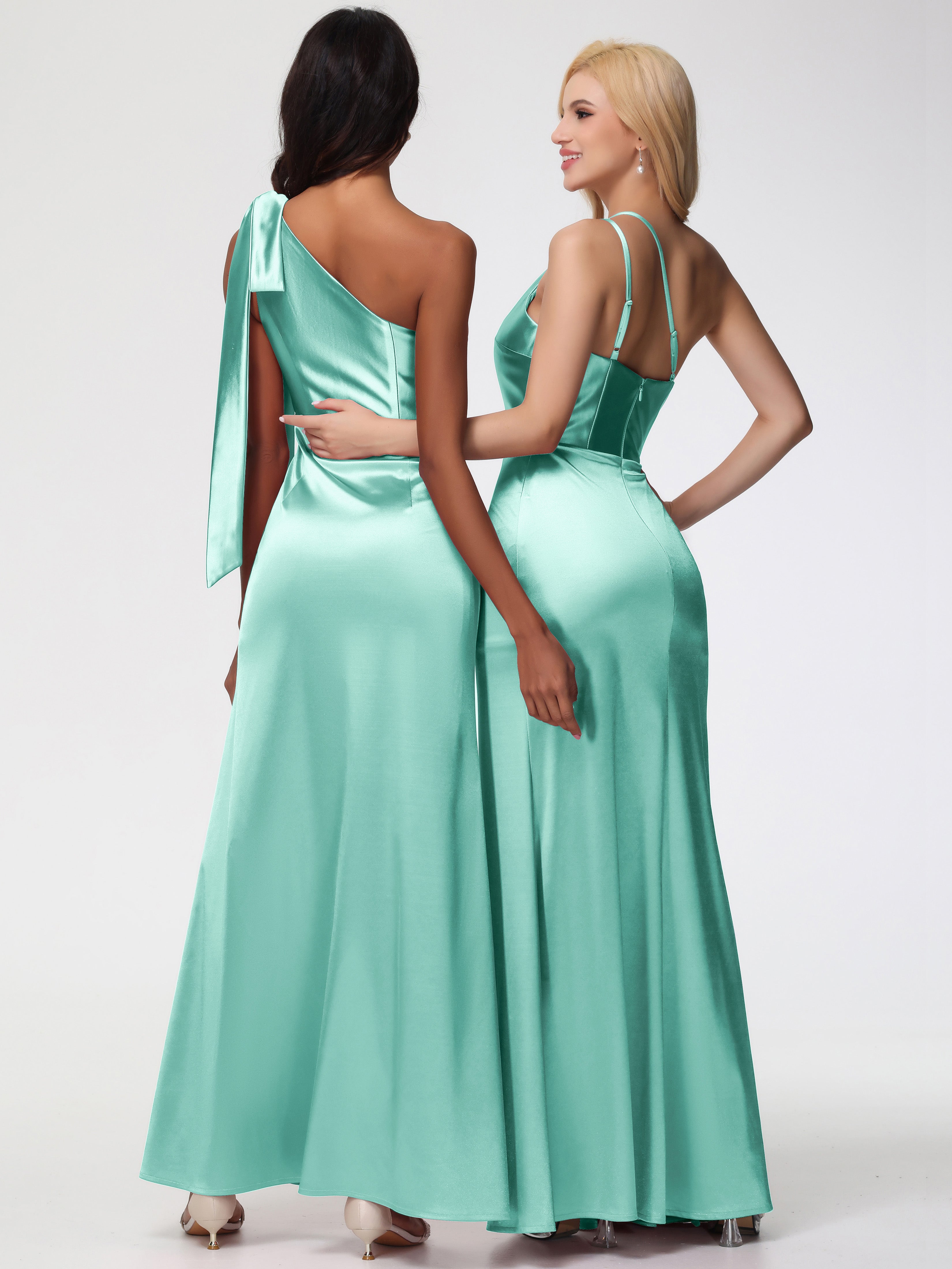 Robe Demoiselle D Honneur Vert Menthe Satin Extensible Seule-Épaule Robe Fourreau Demoiselle D Honneur