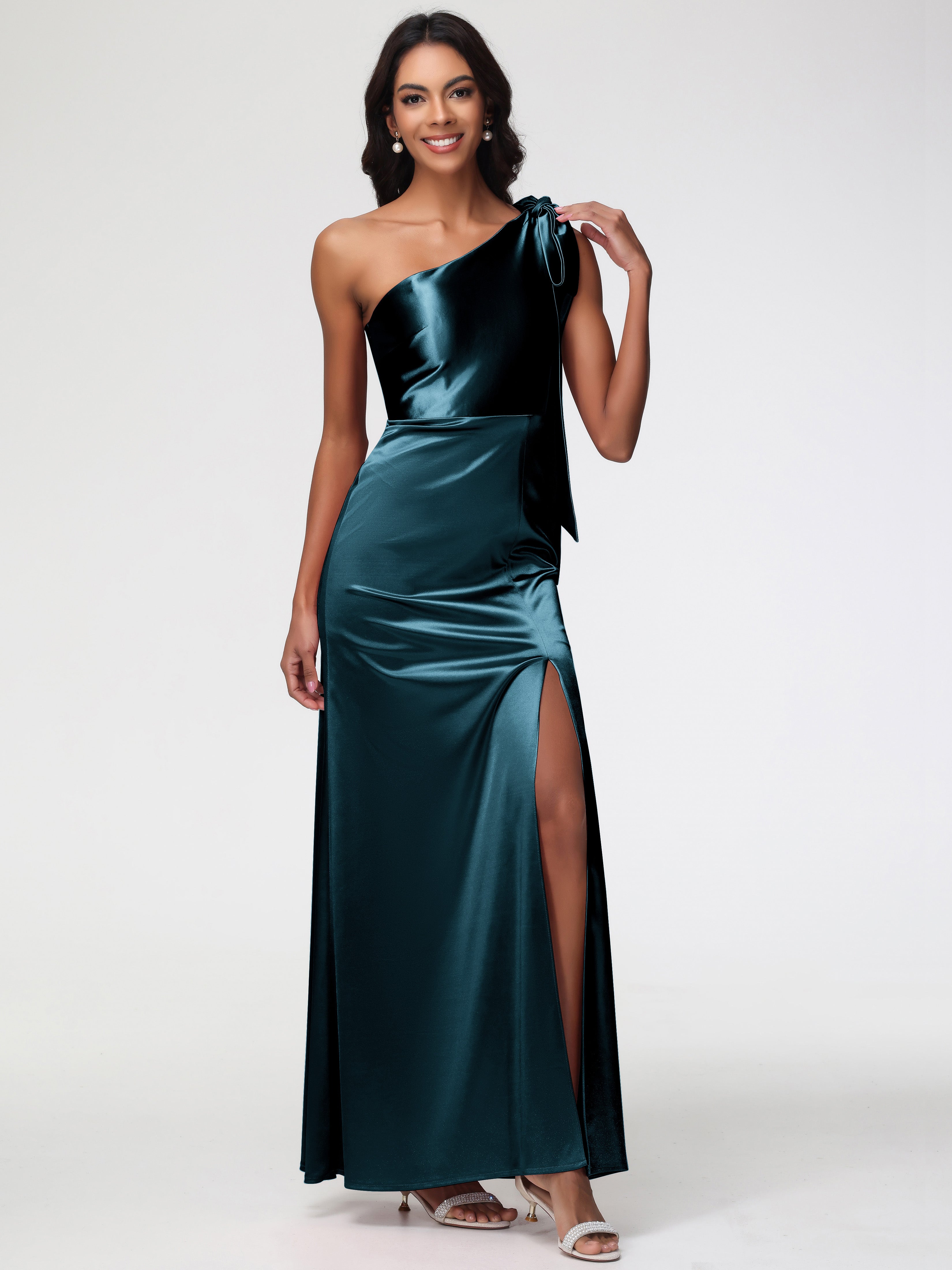 Robes De Demoiselle D'Honneur Couleur Paon Bon Marché Satin Extensible Seule-Épaule Robe Fourreau Demoiselle D Honneur