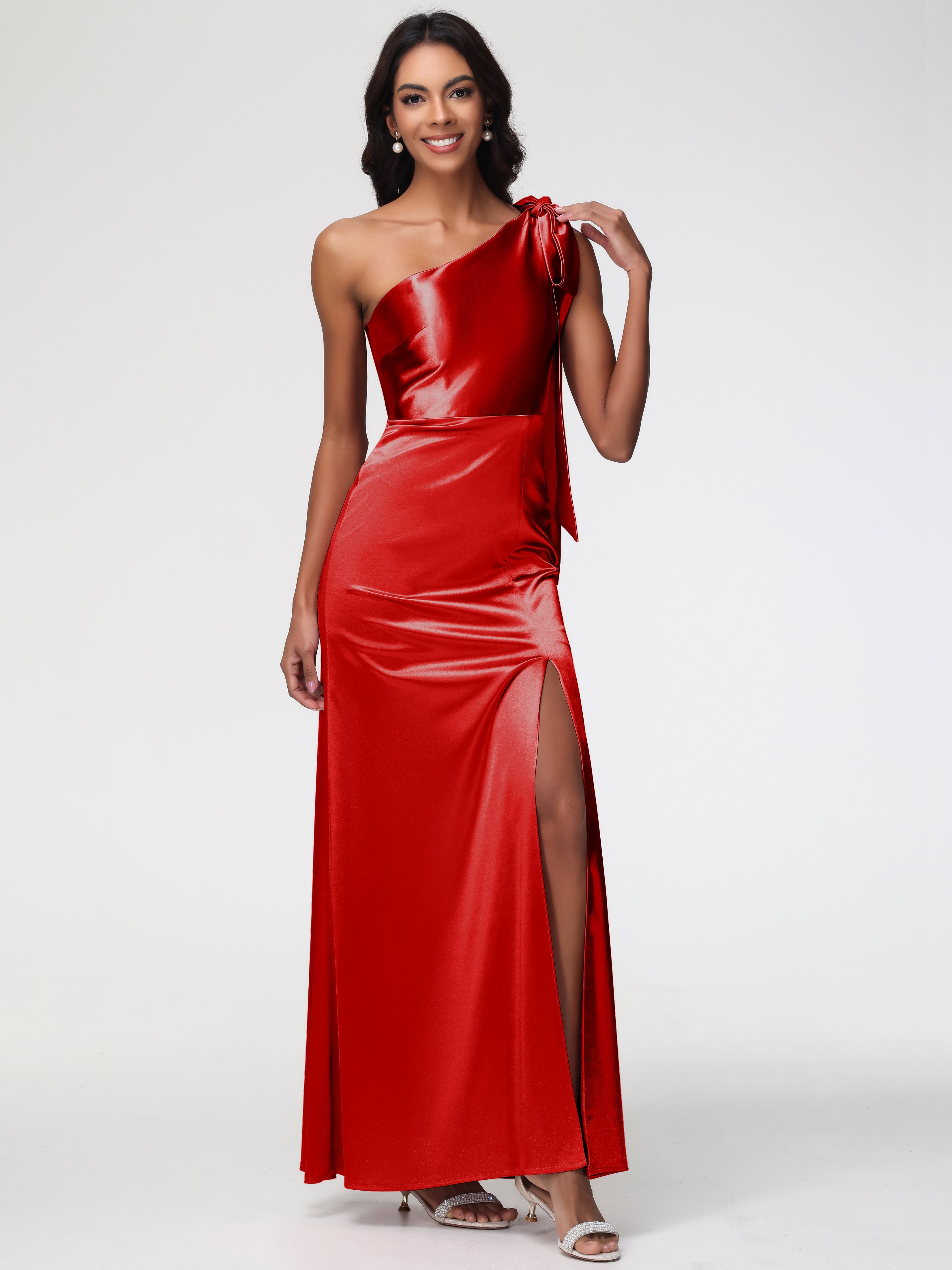Robe Rouge Mariage Demoiselle D Honneur Satin Extensible Seule-Épaule Robe Fourreau Demoiselle D Honneur