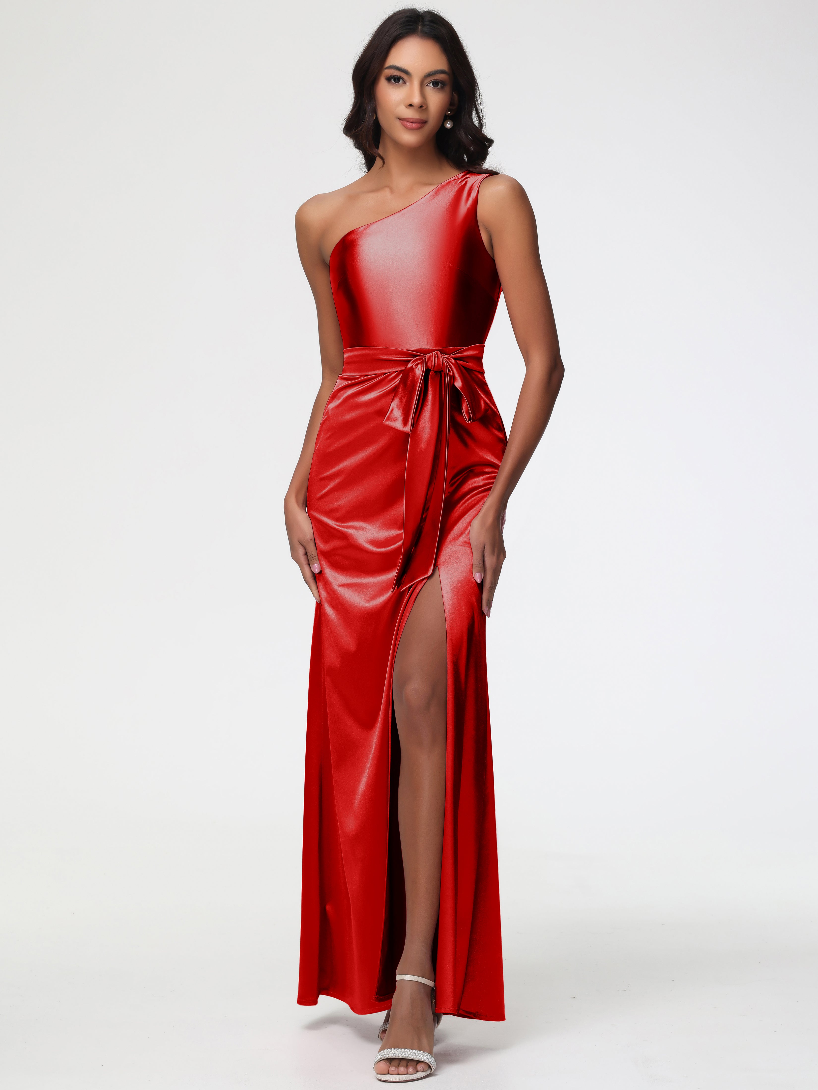Robe Rouge Mariage Demoiselle D Honneur Satin Extensible Seule-Épaule Robe Fourreau Demoiselle D Honneur