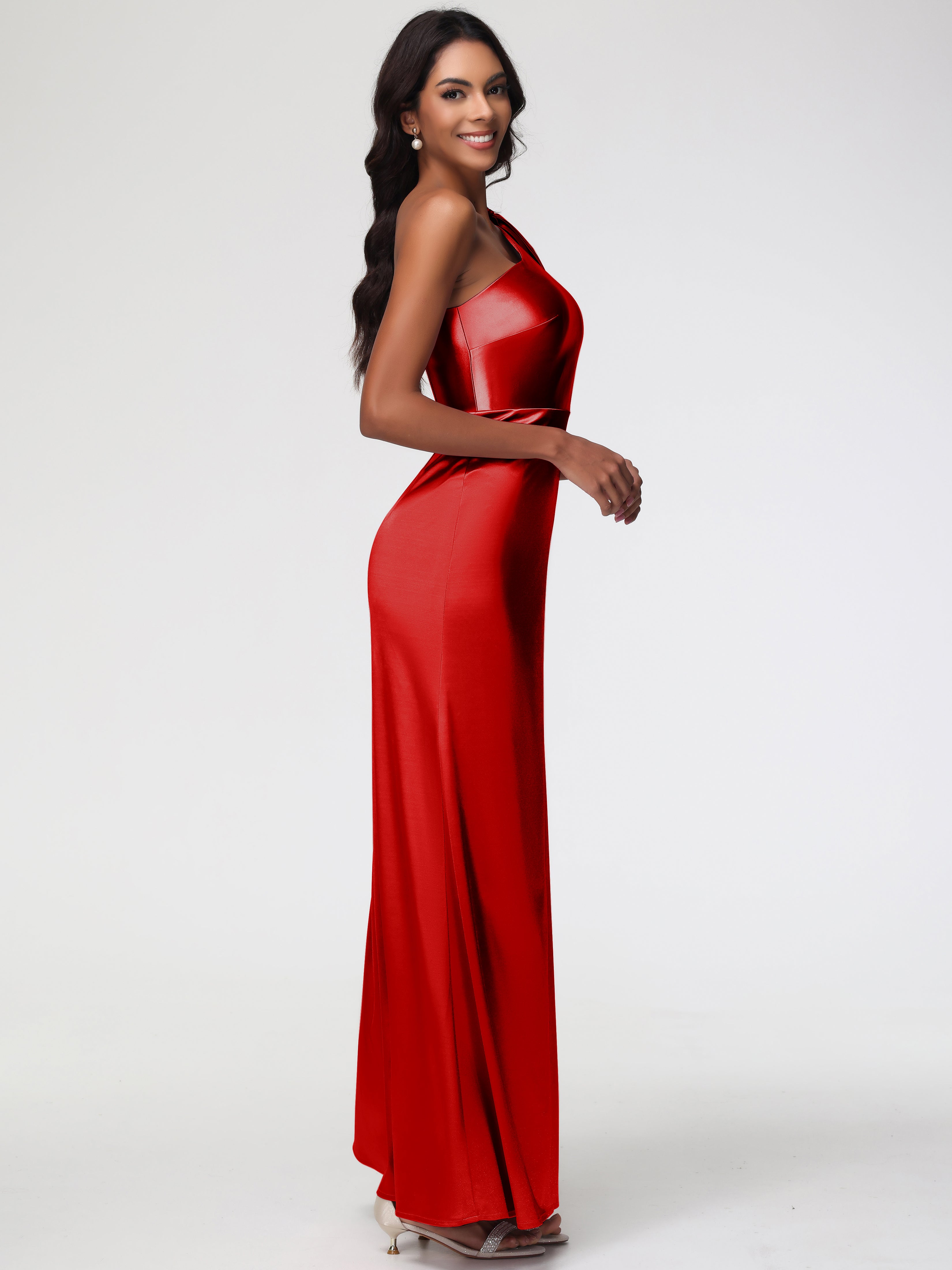 Robe Rouge Mariage Demoiselle D Honneur Satin Extensible Seule-Épaule Robe Fourreau Demoiselle D Honneur