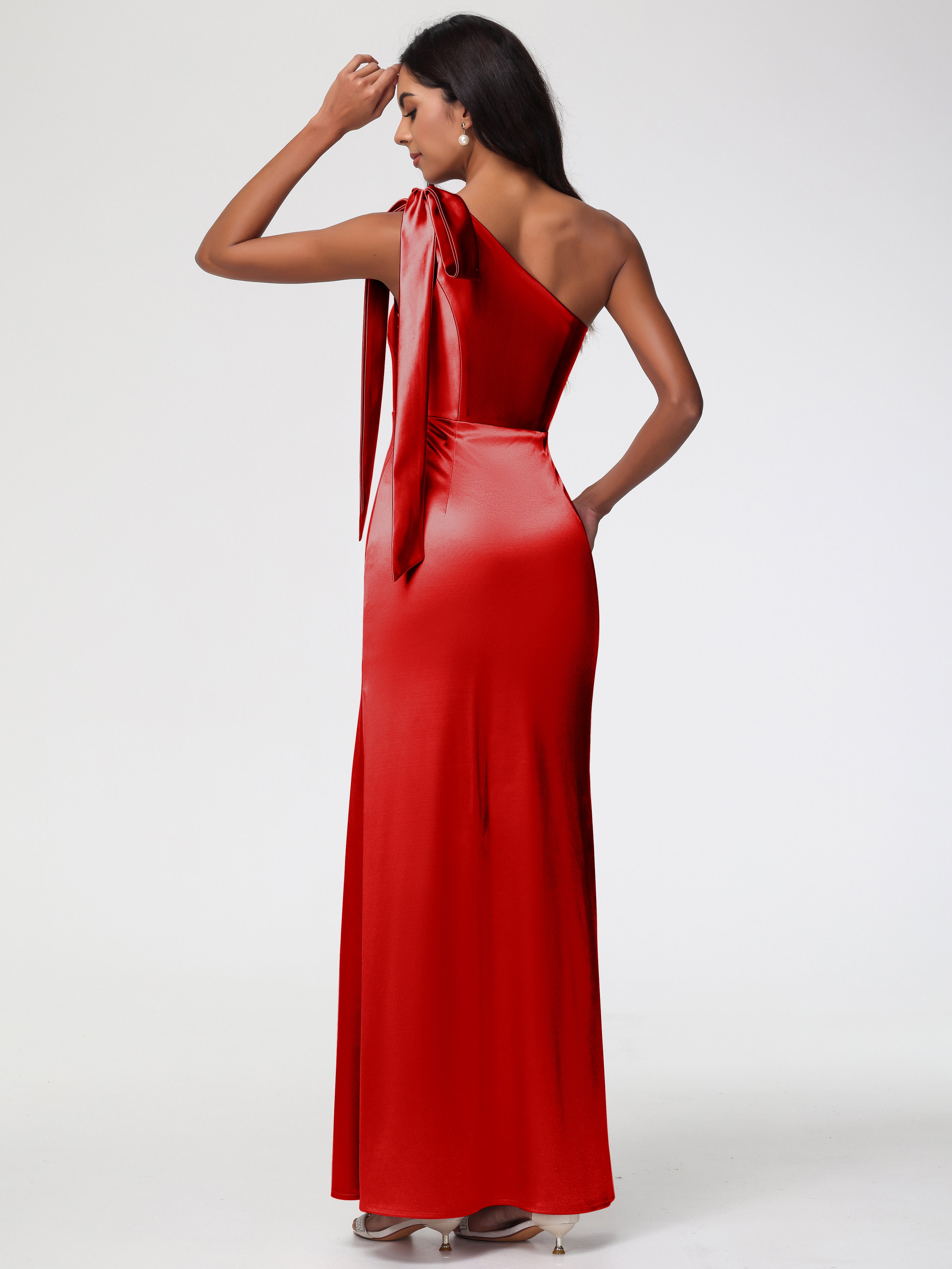 Robe Rouge Mariage Demoiselle D Honneur Satin Extensible Seule-Épaule Robe Fourreau Demoiselle D Honneur