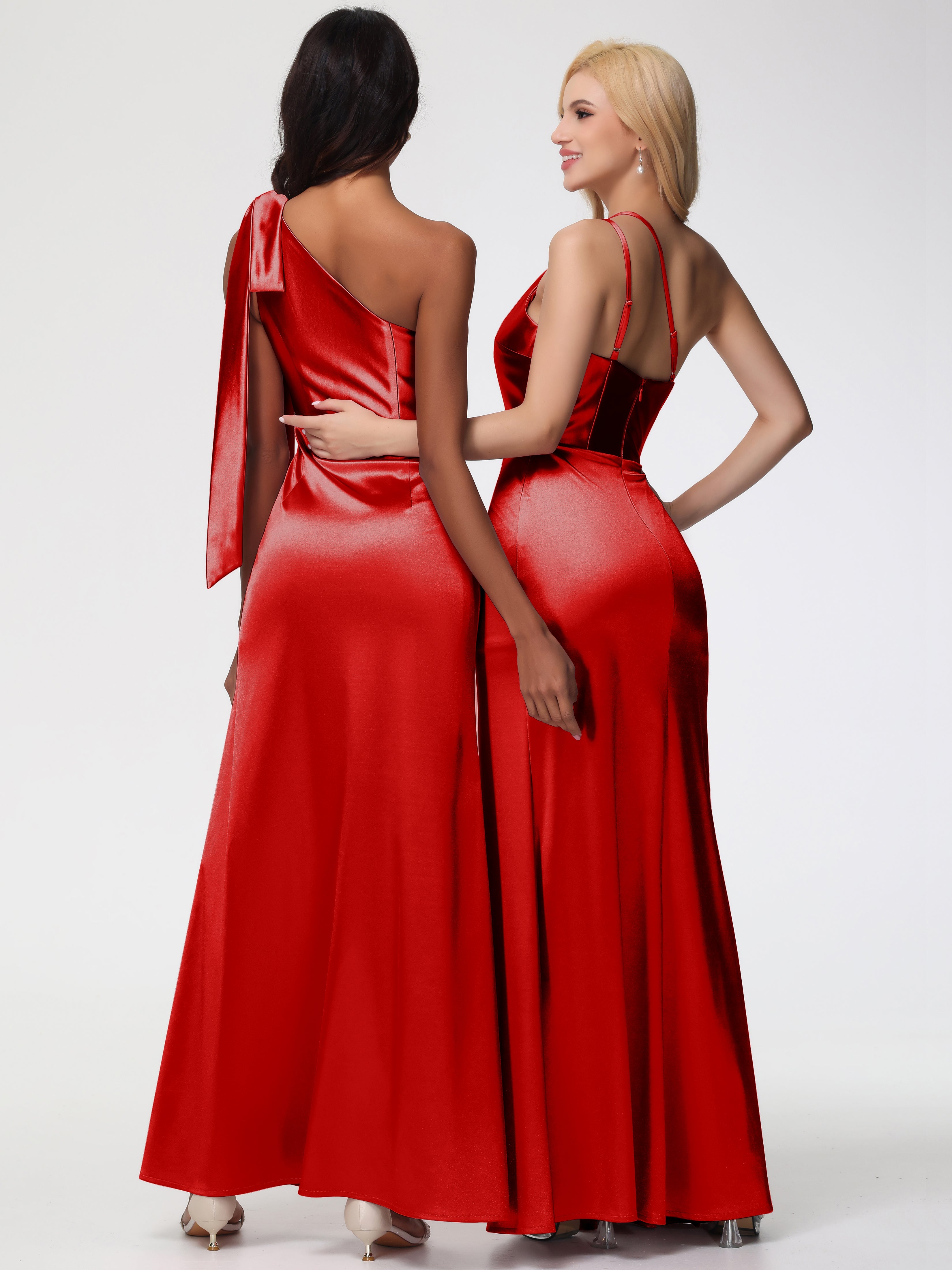 Robe Rouge Mariage Demoiselle D Honneur Satin Extensible Seule-Épaule Robe Fourreau Demoiselle D Honneur