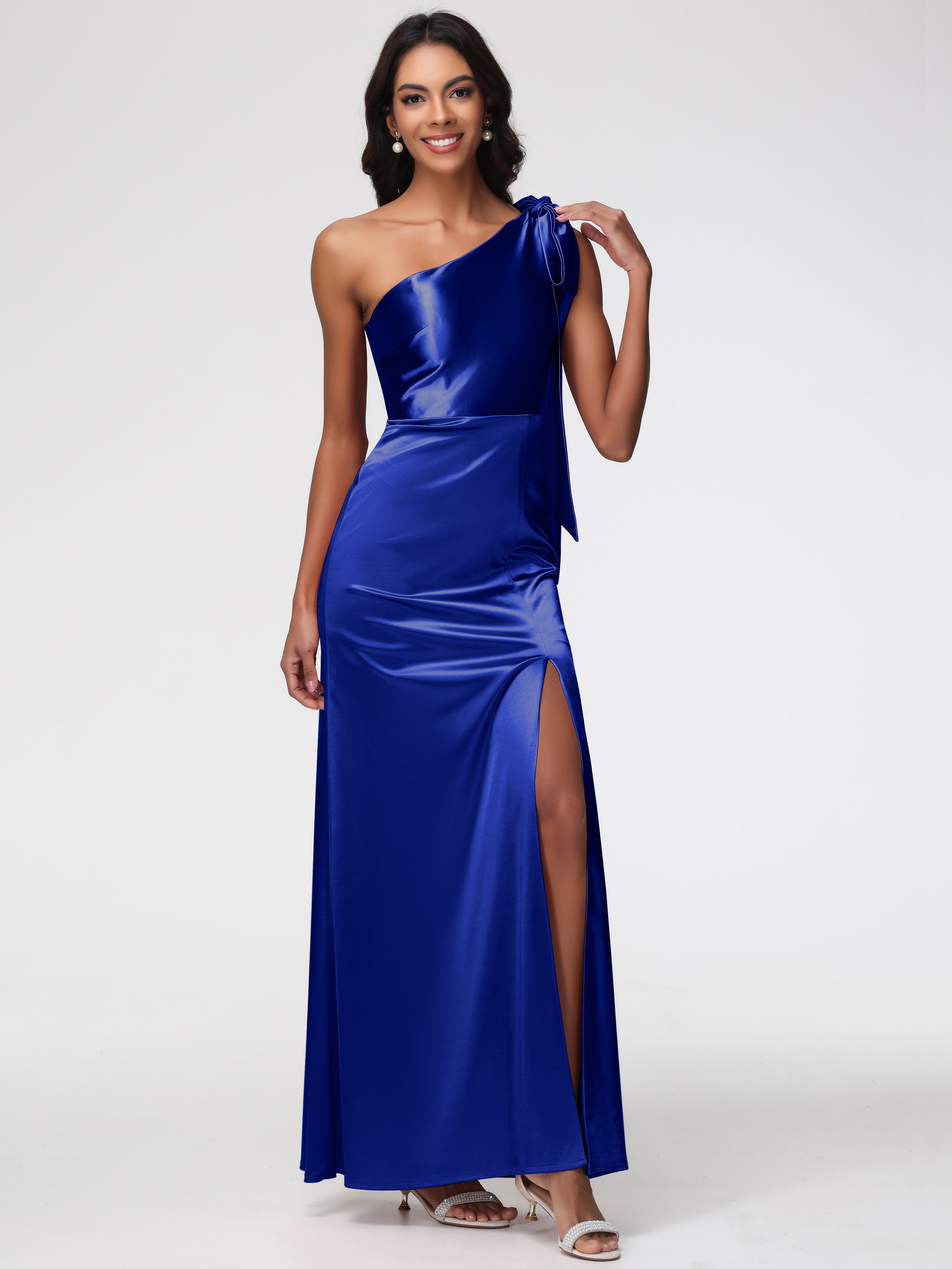 Robes De Demoiselle D'Honneur Bleu Royal Satin Extensible Seule-Épaule Robe Fourreau Demoiselle D Honneur