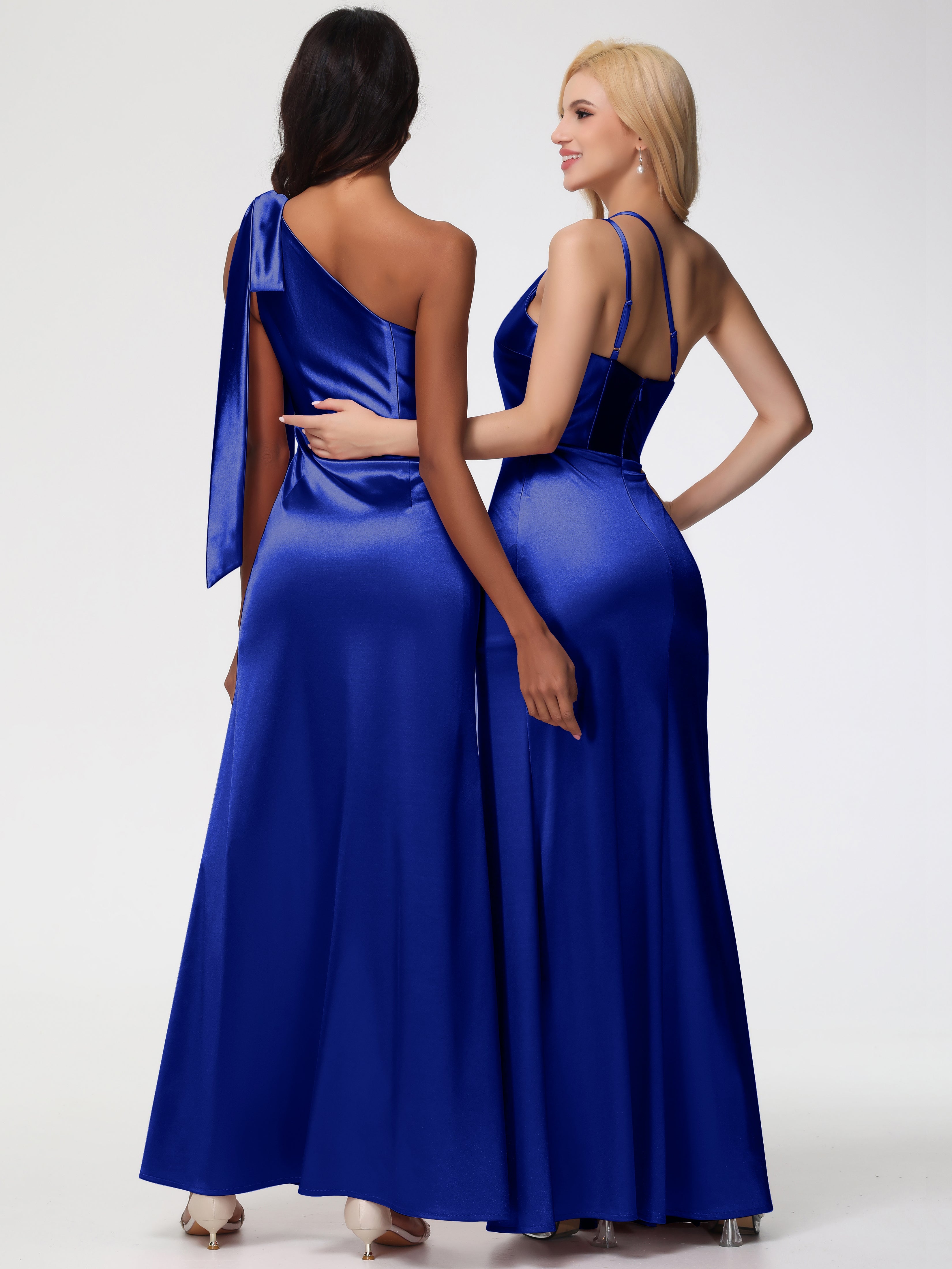 Robes De Demoiselle D'Honneur Bleu Royal Satin Extensible Seule-Épaule Robe Fourreau Demoiselle D Honneur