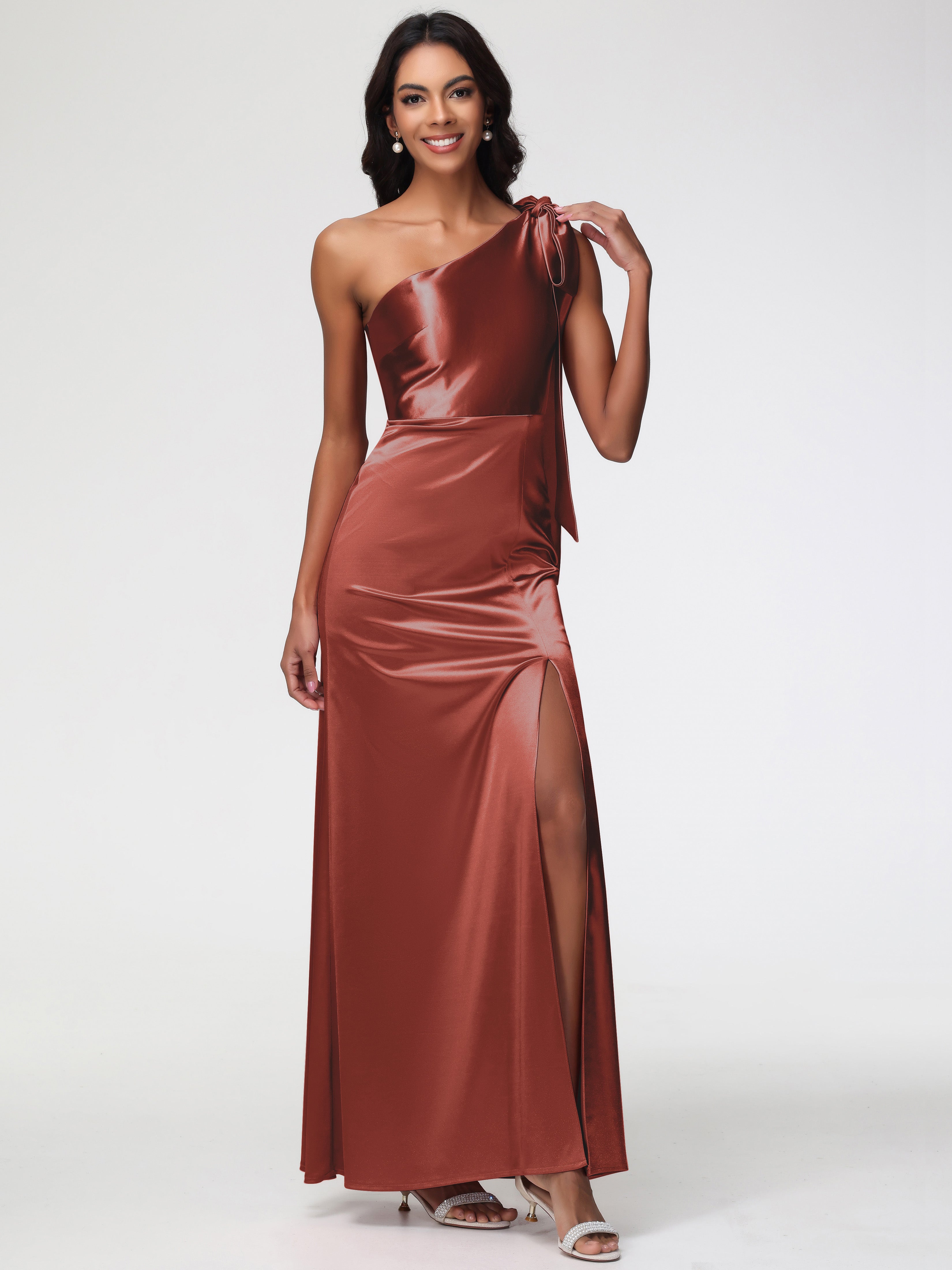 Robe De Demoiselle D'Honneur Rouille Satin Extensible Seule-Épaule Robe Fourreau Demoiselle D Honneur