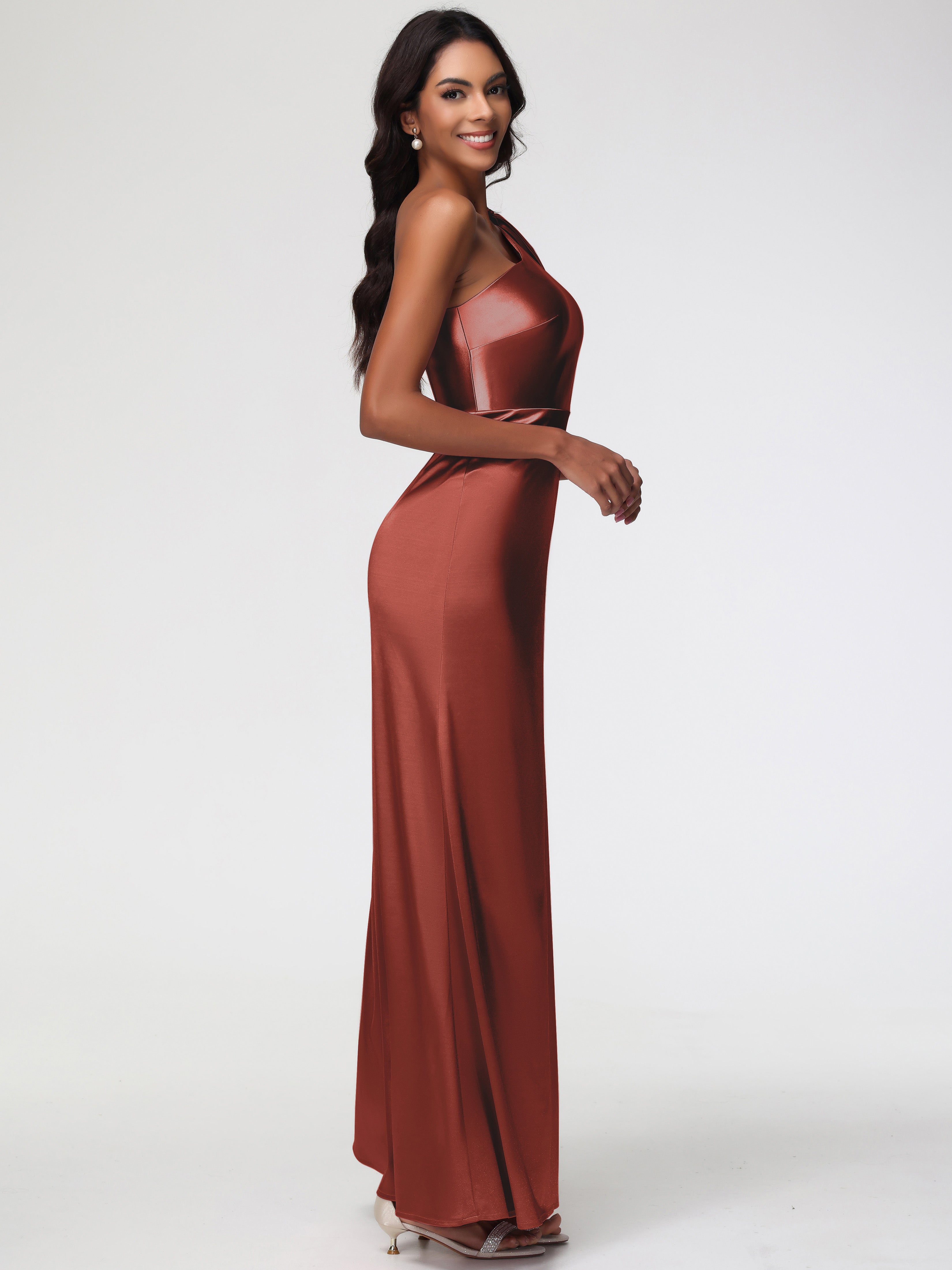 Robe De Demoiselle D'Honneur Rouille Satin Extensible Seule-Épaule Robe Fourreau Demoiselle D Honneur