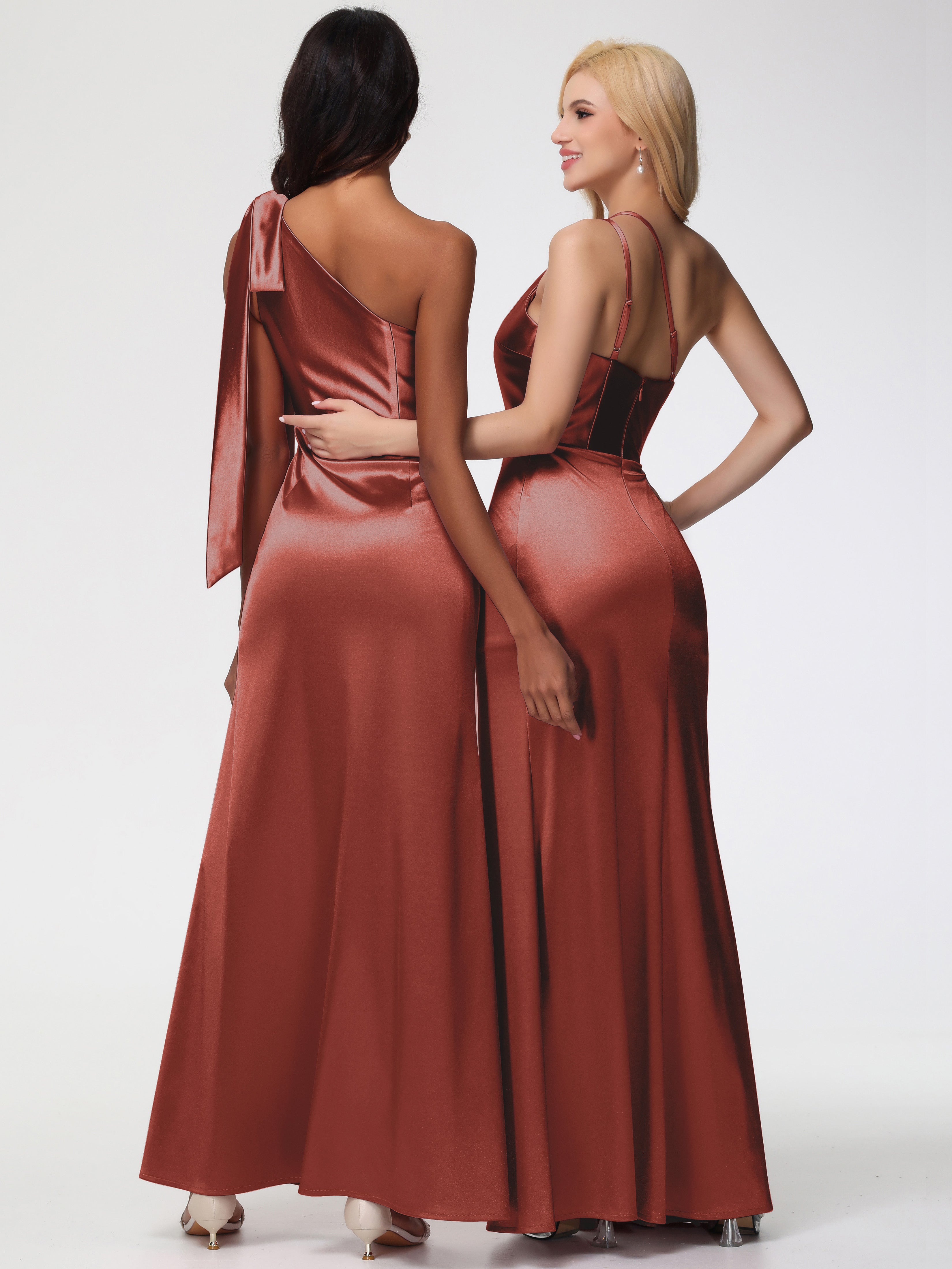 Robe De Demoiselle D'Honneur Rouille Satin Extensible Seule-Épaule Robe Fourreau Demoiselle D Honneur