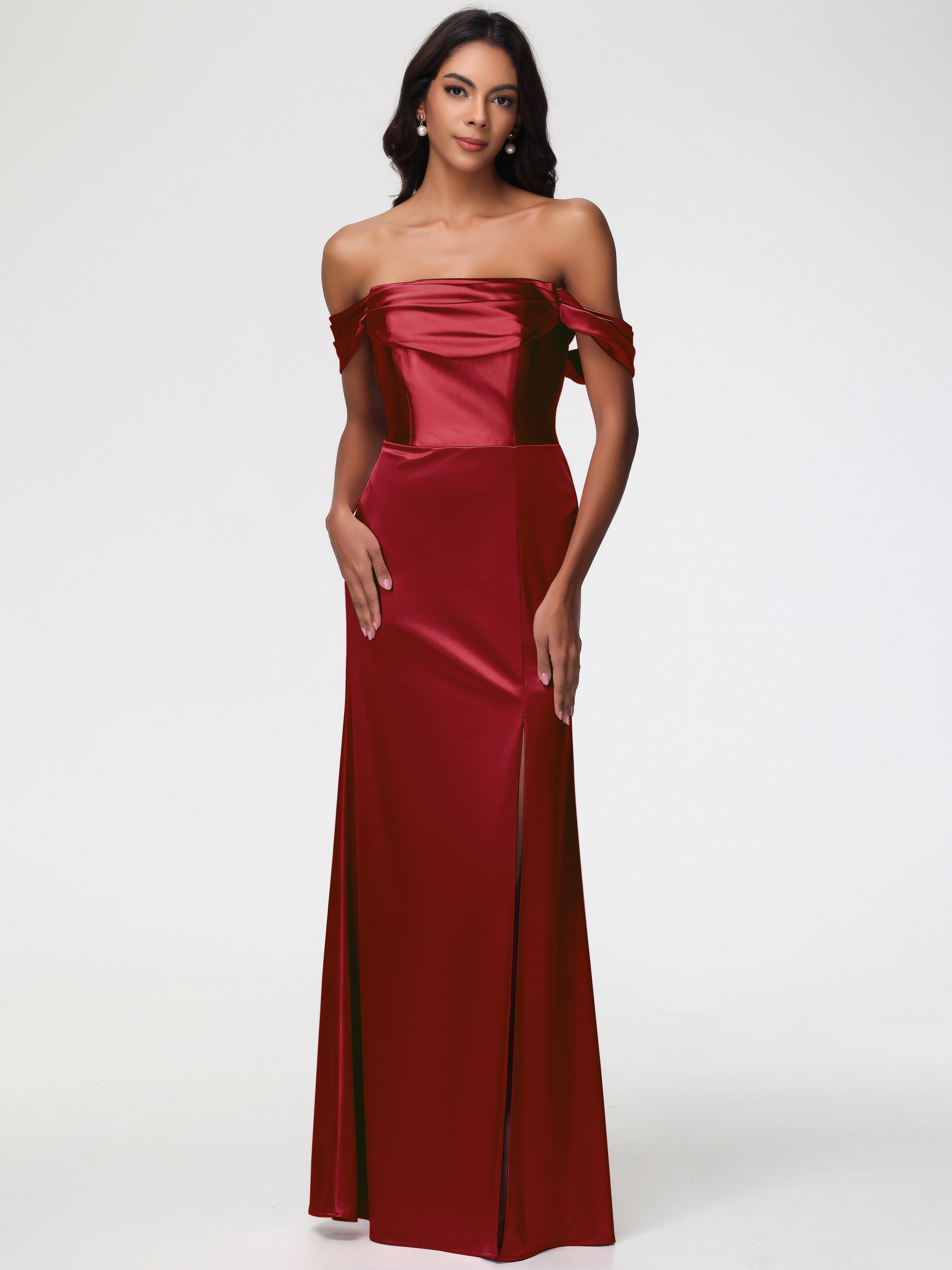 Robe De Demoiselle D Honneur Bordeaux Satin Extensible Robe Fourreau Demoiselle D Honneur Epaule Dénudée
