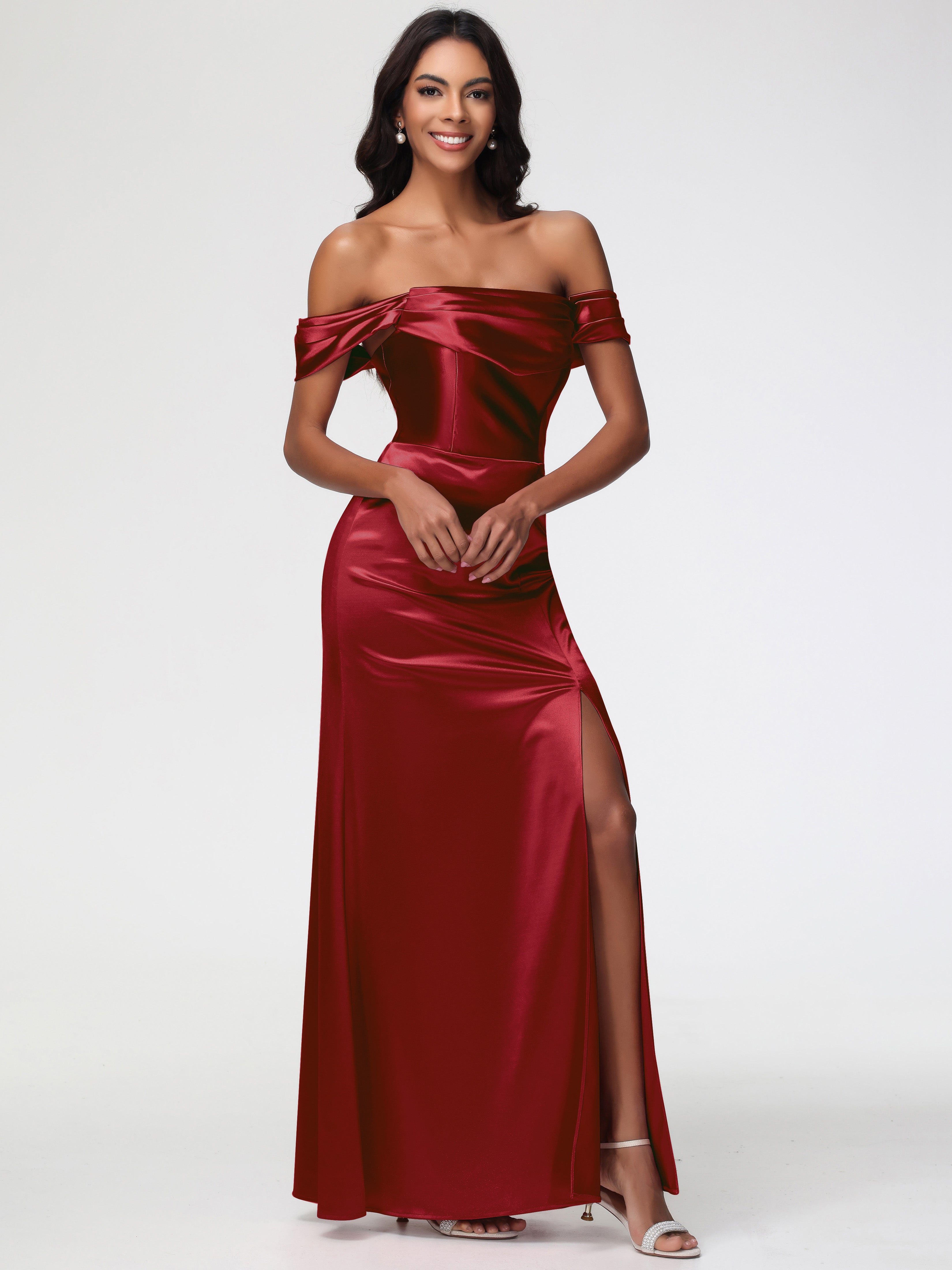 Robe De Demoiselle D Honneur Bordeaux Satin Extensible Robe Fourreau Demoiselle D Honneur Epaule Dénudée