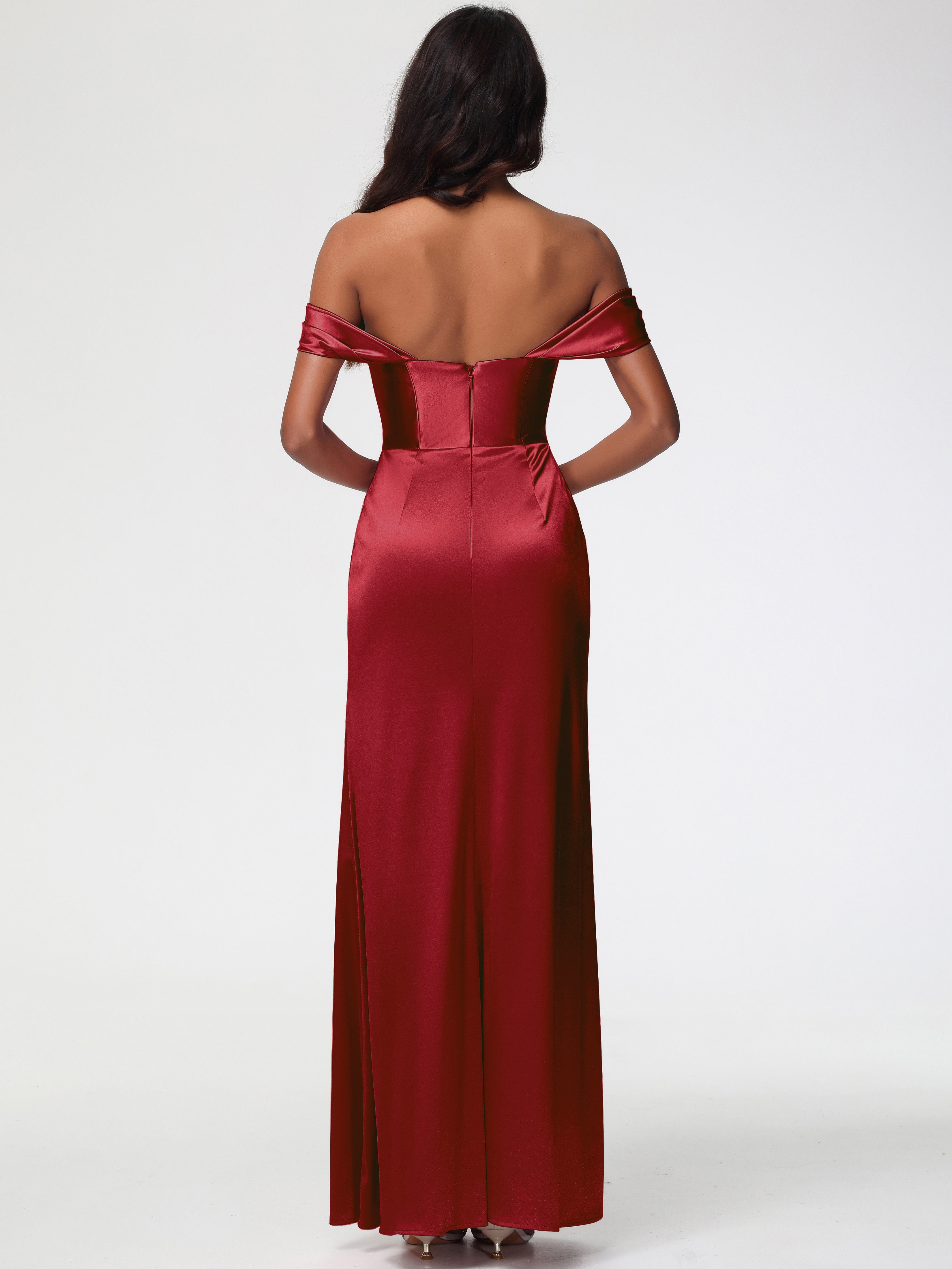 Robe De Demoiselle D Honneur Bordeaux Satin Extensible Robe Fourreau Demoiselle D Honneur Epaule Dénudée
