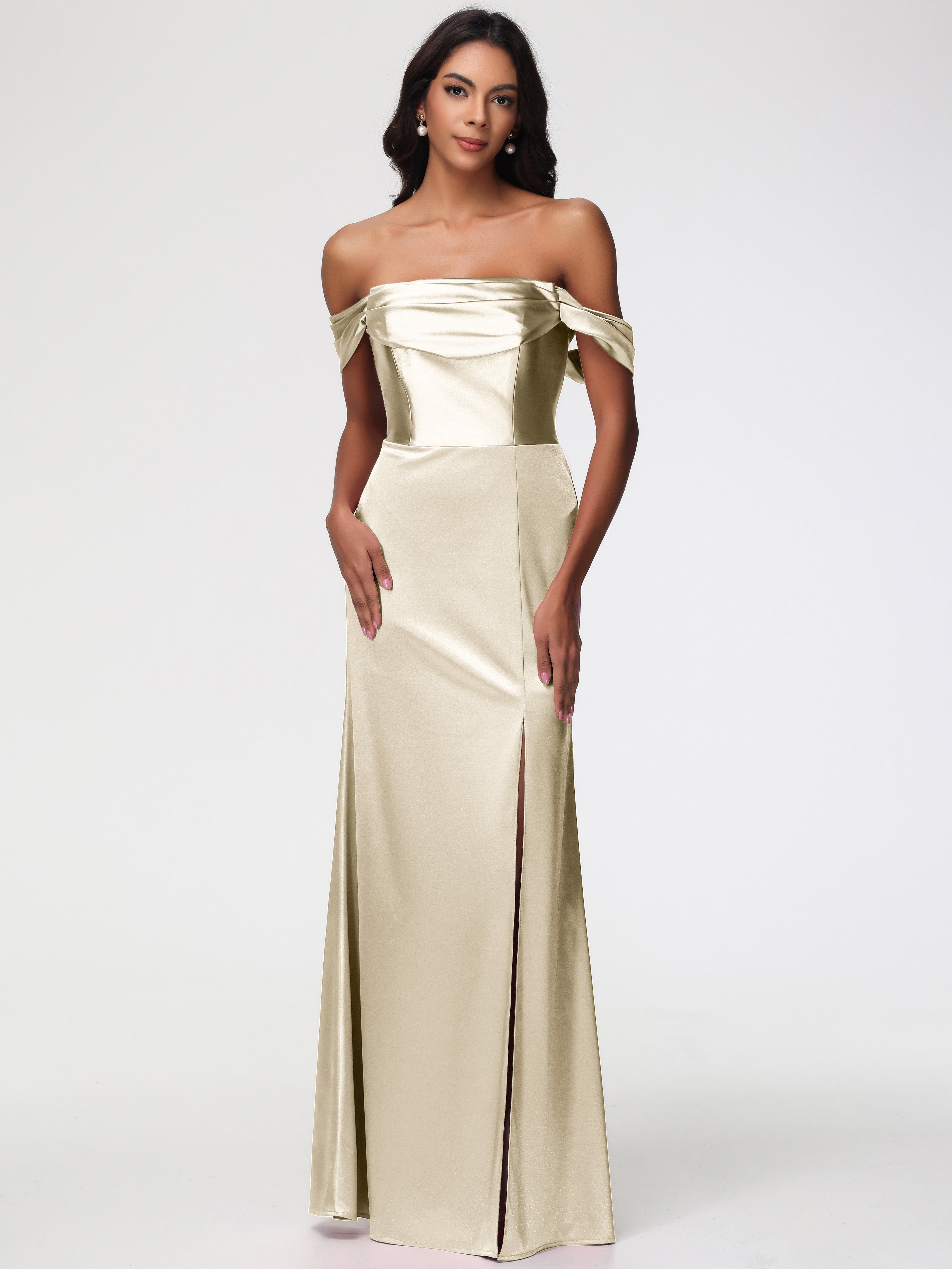 Champagne Robe Demoiselle D Honneur Satin Extensible Robe Fourreau Demoiselle D Honneur Epaule Dénudée