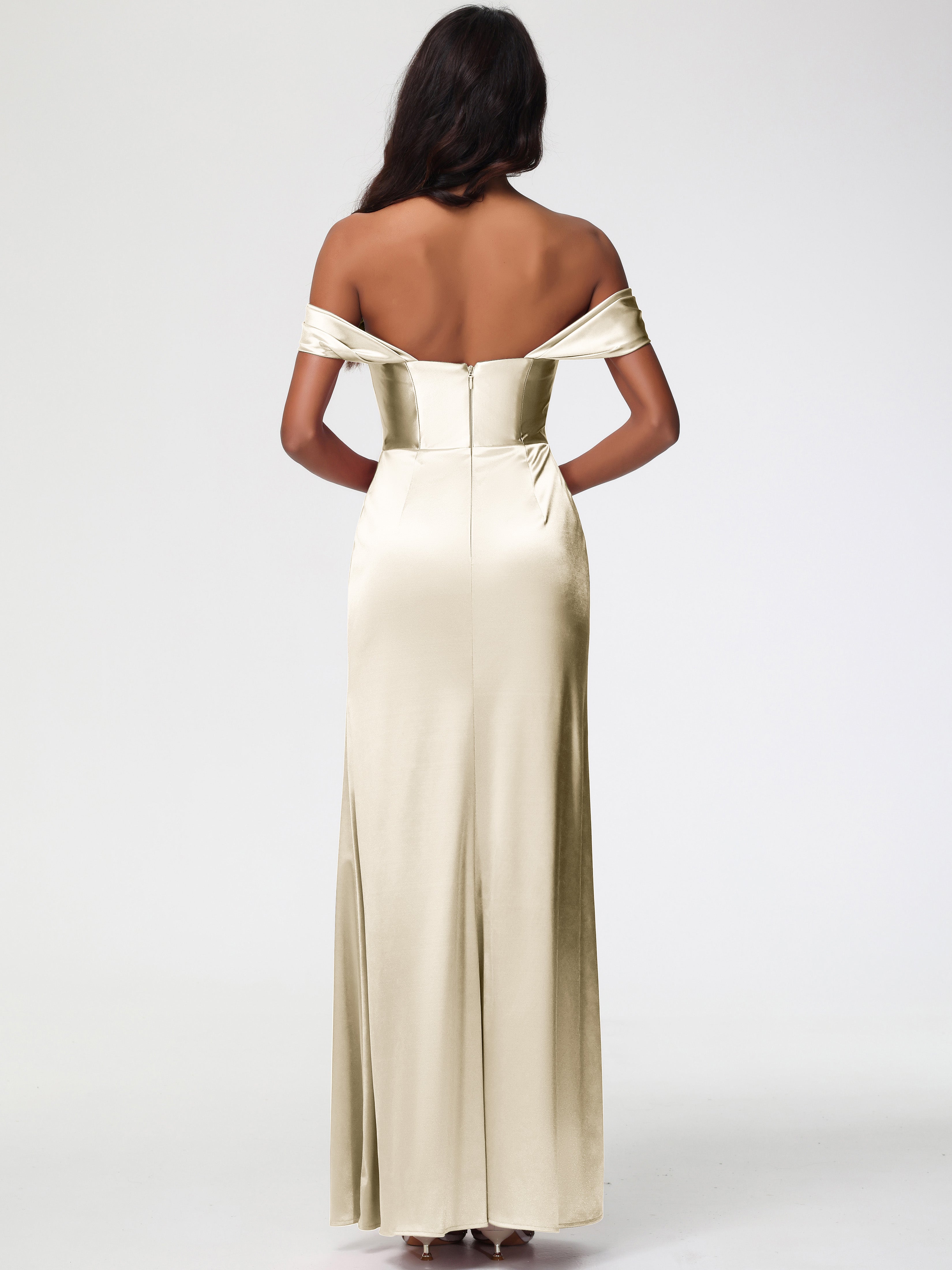 Champagne Robe Demoiselle D Honneur Satin Extensible Robe Fourreau Demoiselle D Honneur Epaule Dénudée