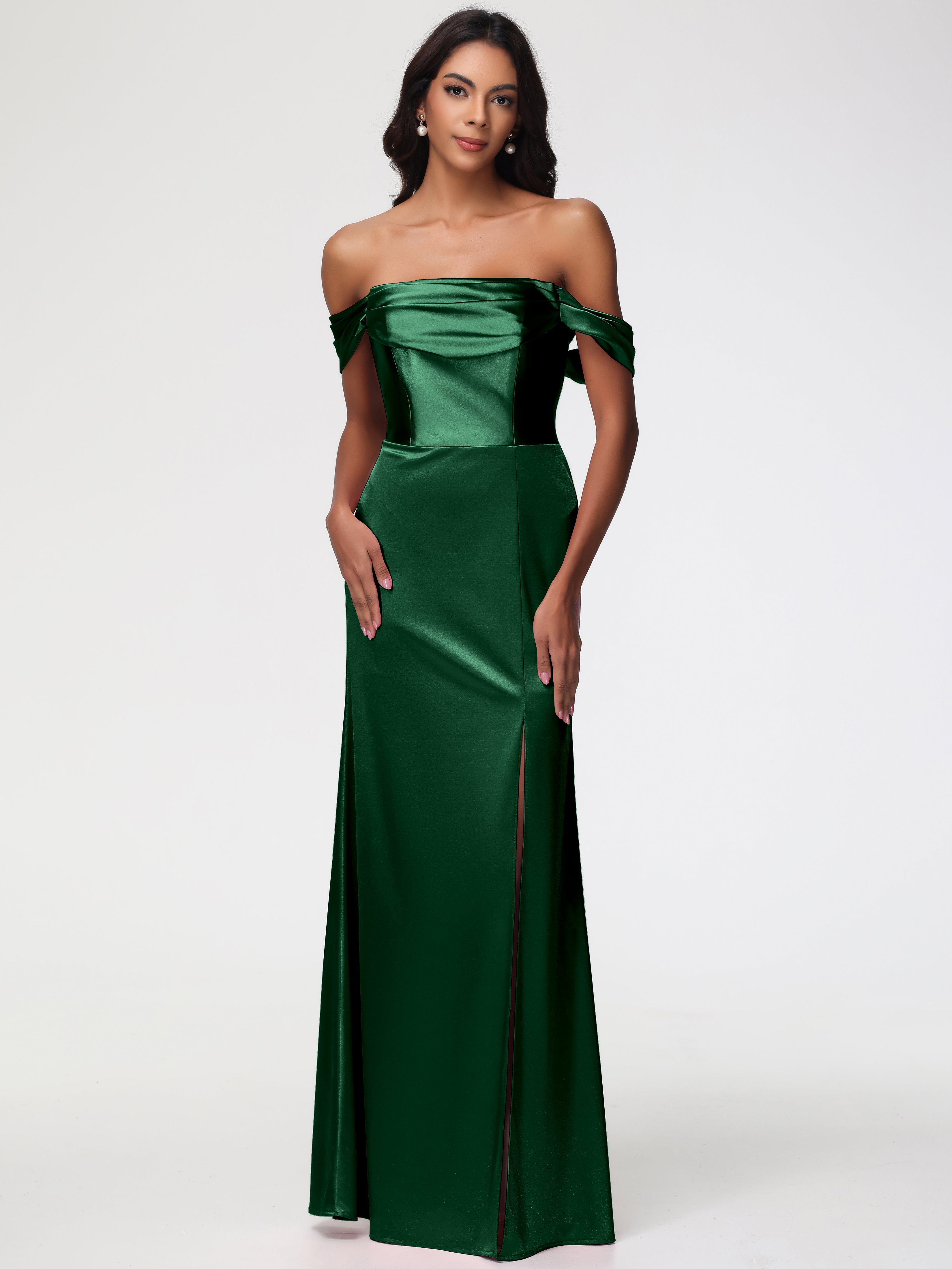 Demoiselle D'Honneur Vert Foncé Satin Extensible Robe Fourreau Demoiselle D Honneur Epaule Dénudée