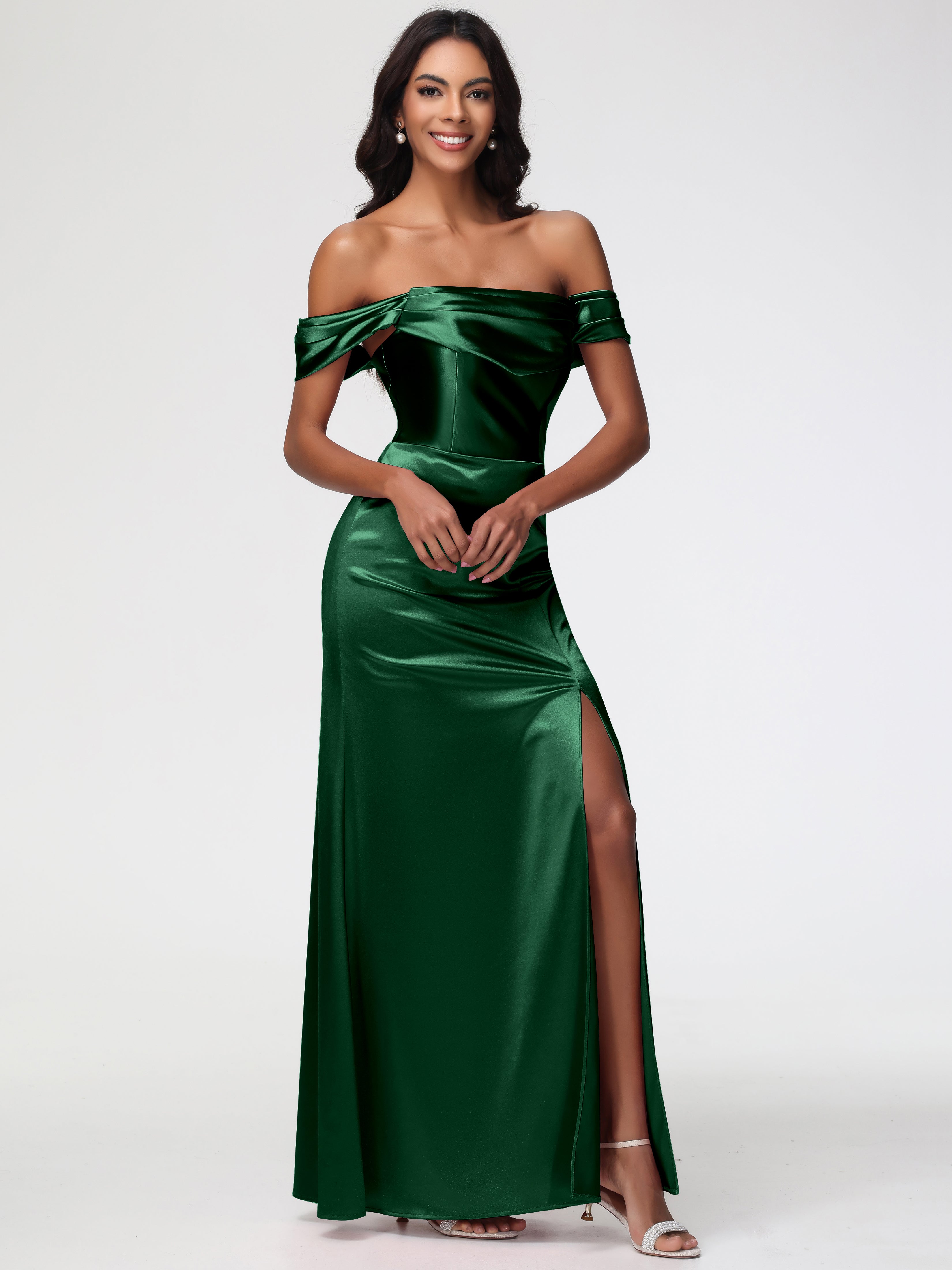Demoiselle D'Honneur Vert Foncé Satin Extensible Robe Fourreau Demoiselle D Honneur Epaule Dénudée
