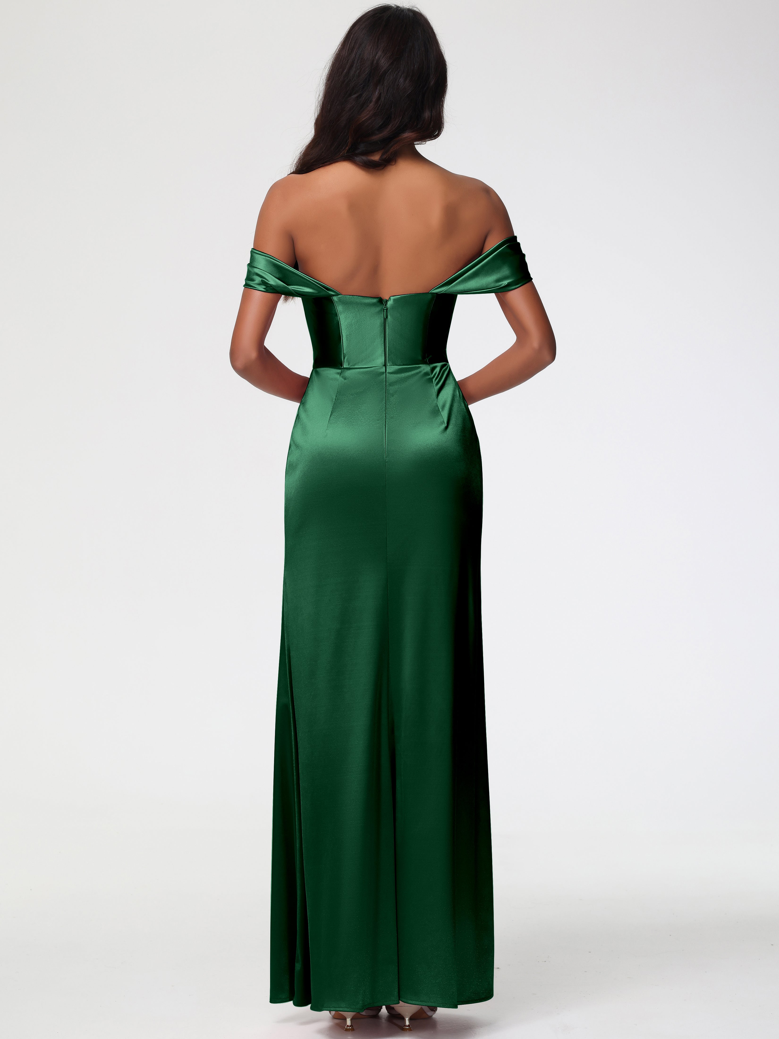 Demoiselle D'Honneur Vert Foncé Satin Extensible Robe Fourreau Demoiselle D Honneur Epaule Dénudée