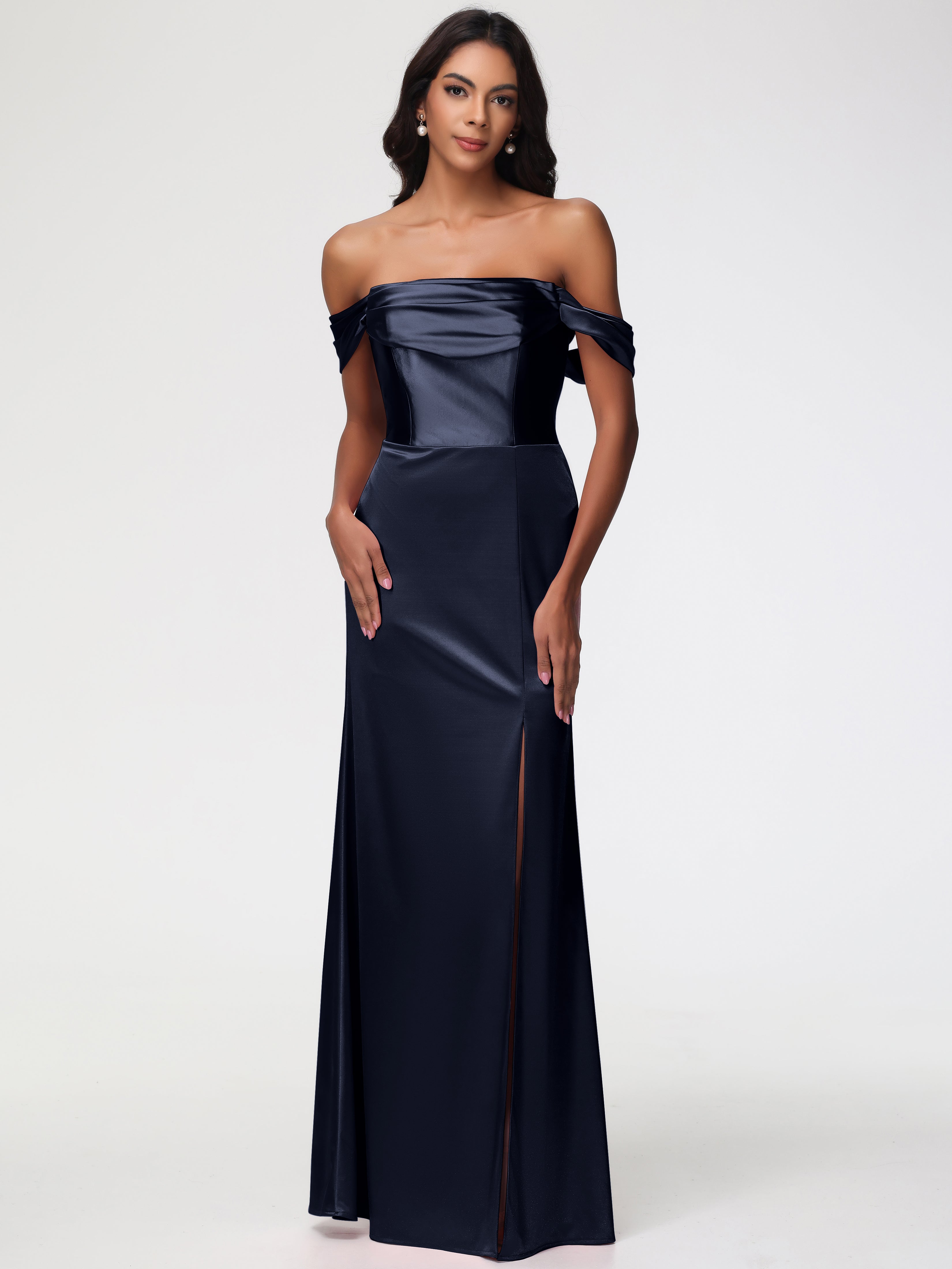 Robe Demoiselle D Honneur Bleue Marine Satin Extensible Robe Fourreau Demoiselle D Honneur Epaule Dénudée