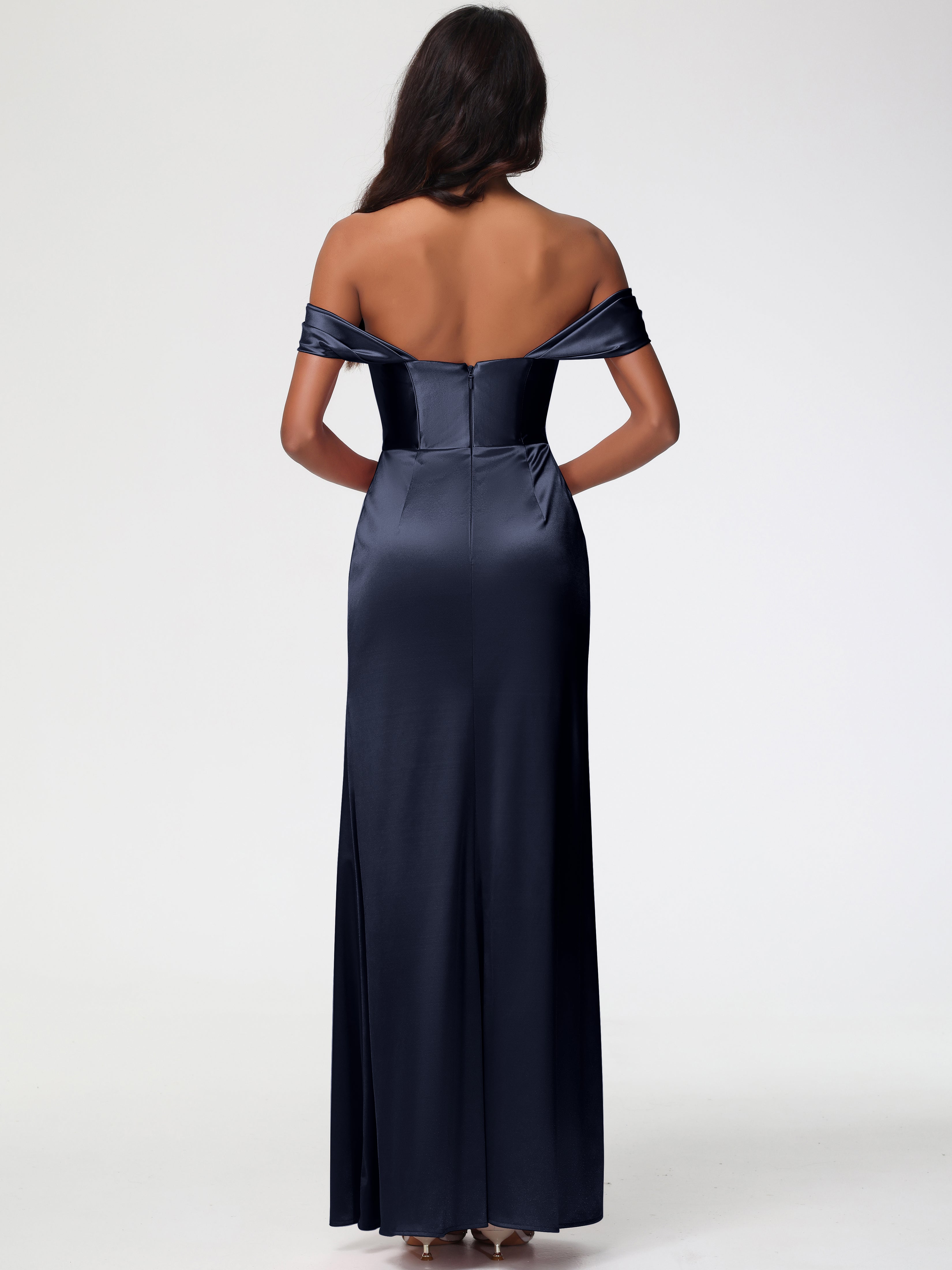 Robe Demoiselle D Honneur Bleue Marine Satin Extensible Robe Fourreau Demoiselle D Honneur Epaule Dénudée