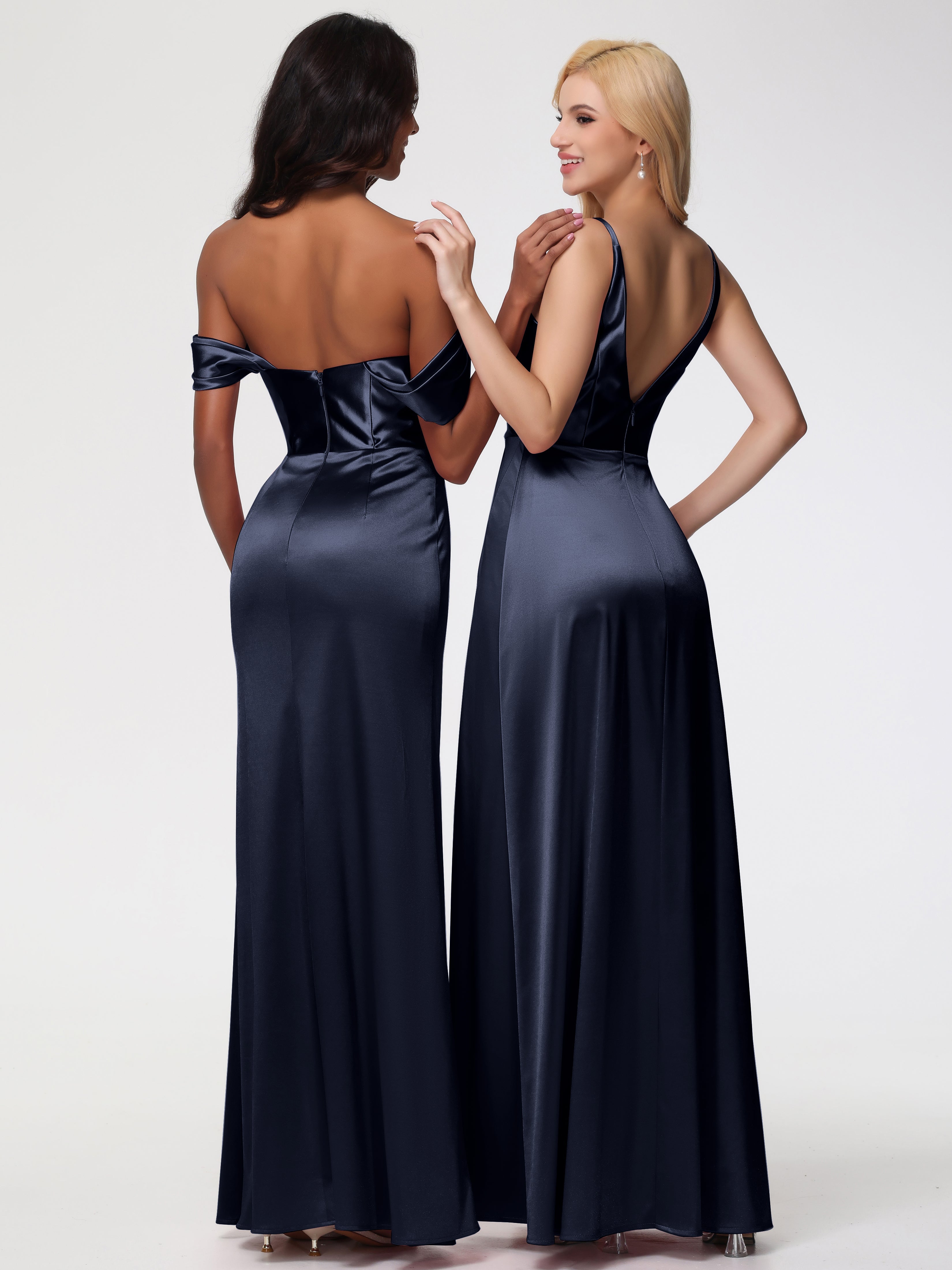 Robe Demoiselle D Honneur Bleue Marine Satin Extensible Robe Fourreau Demoiselle D Honneur Epaule Dénudée