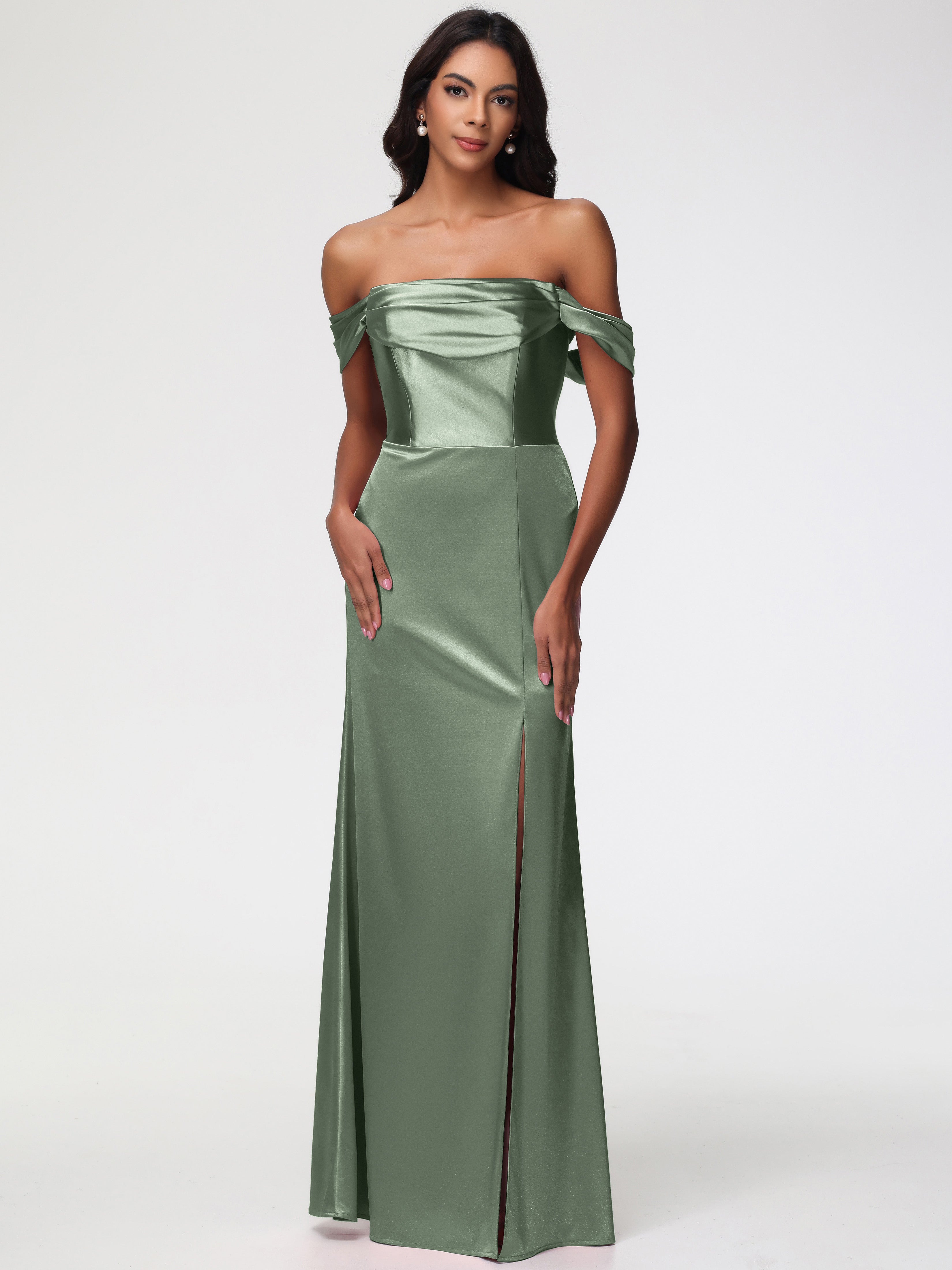 Longues Robes De Demoiselle D'Honneur De Sauge Poussiéreuse Satin Extensible Robe Fourreau Demoiselle D Honneur Epaule Dénudée