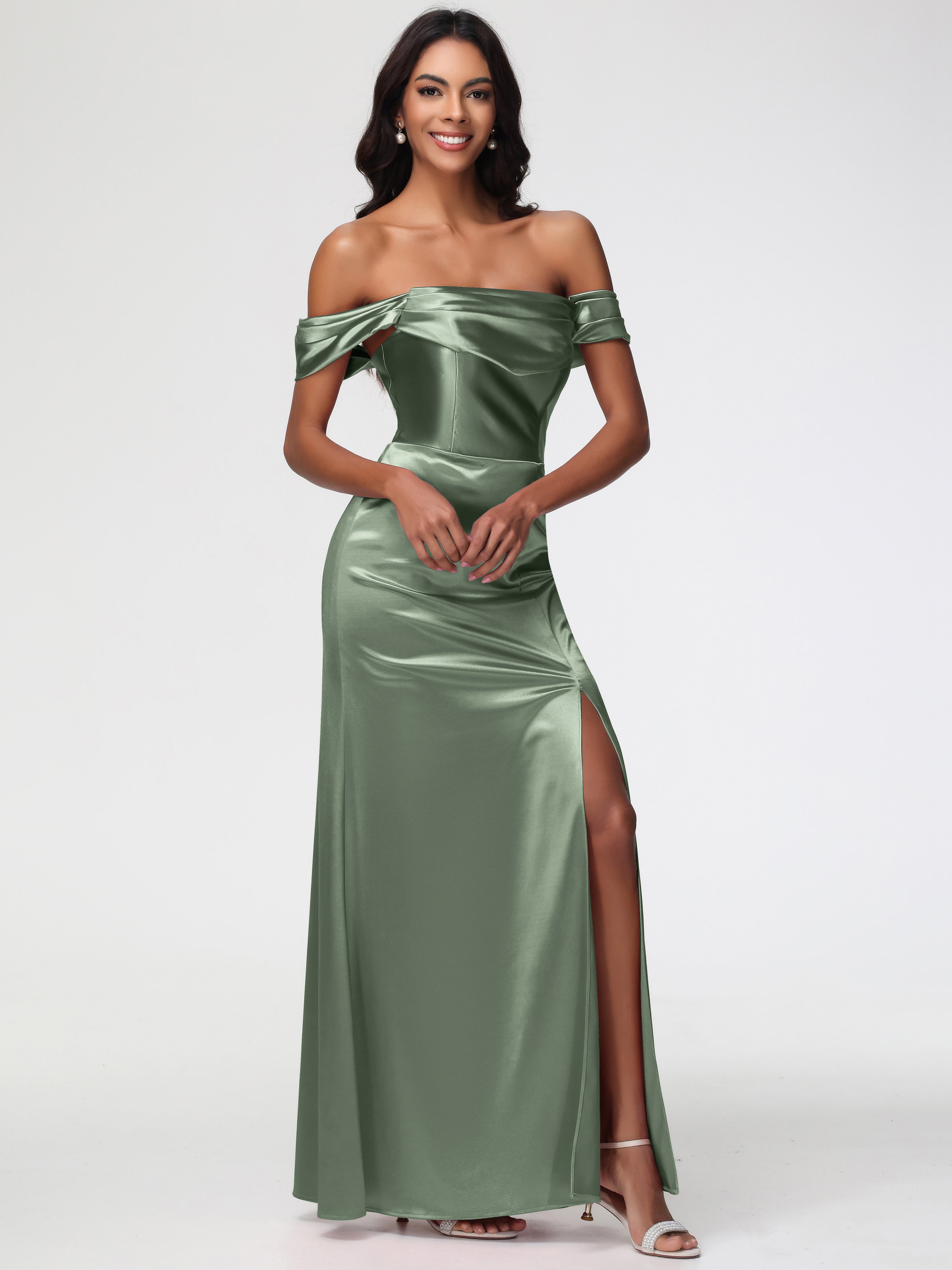 Longues Robes De Demoiselle D'Honneur De Sauge Poussiéreuse Satin Extensible Robe Fourreau Demoiselle D Honneur Epaule Dénudée