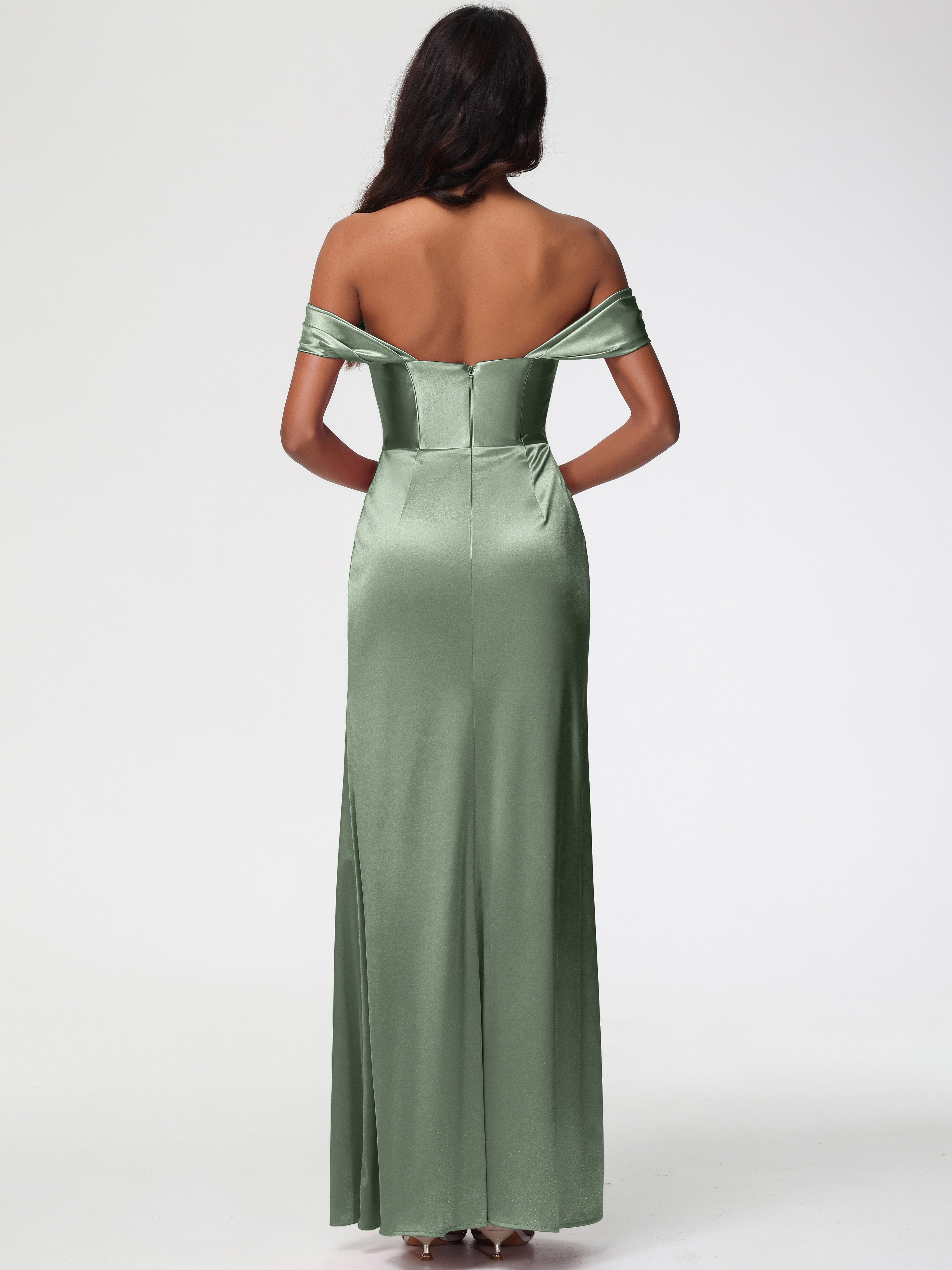 Longues Robes De Demoiselle D'Honneur De Sauge Poussiéreuse Satin Extensible Robe Fourreau Demoiselle D Honneur Epaule Dénudée