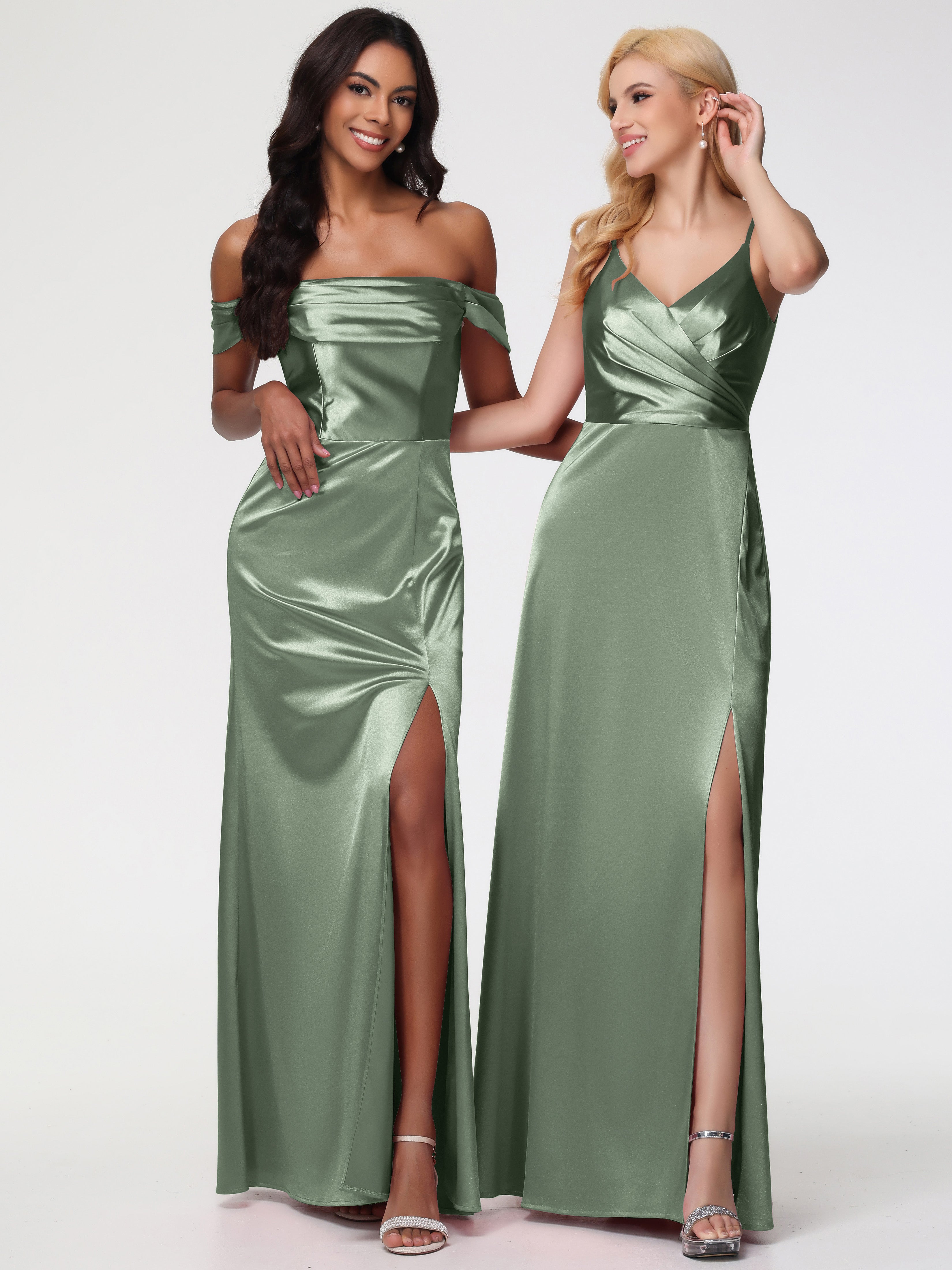 Longues Robes De Demoiselle D'Honneur De Sauge Poussiéreuse Satin Extensible Robe Fourreau Demoiselle D Honneur Epaule Dénudée