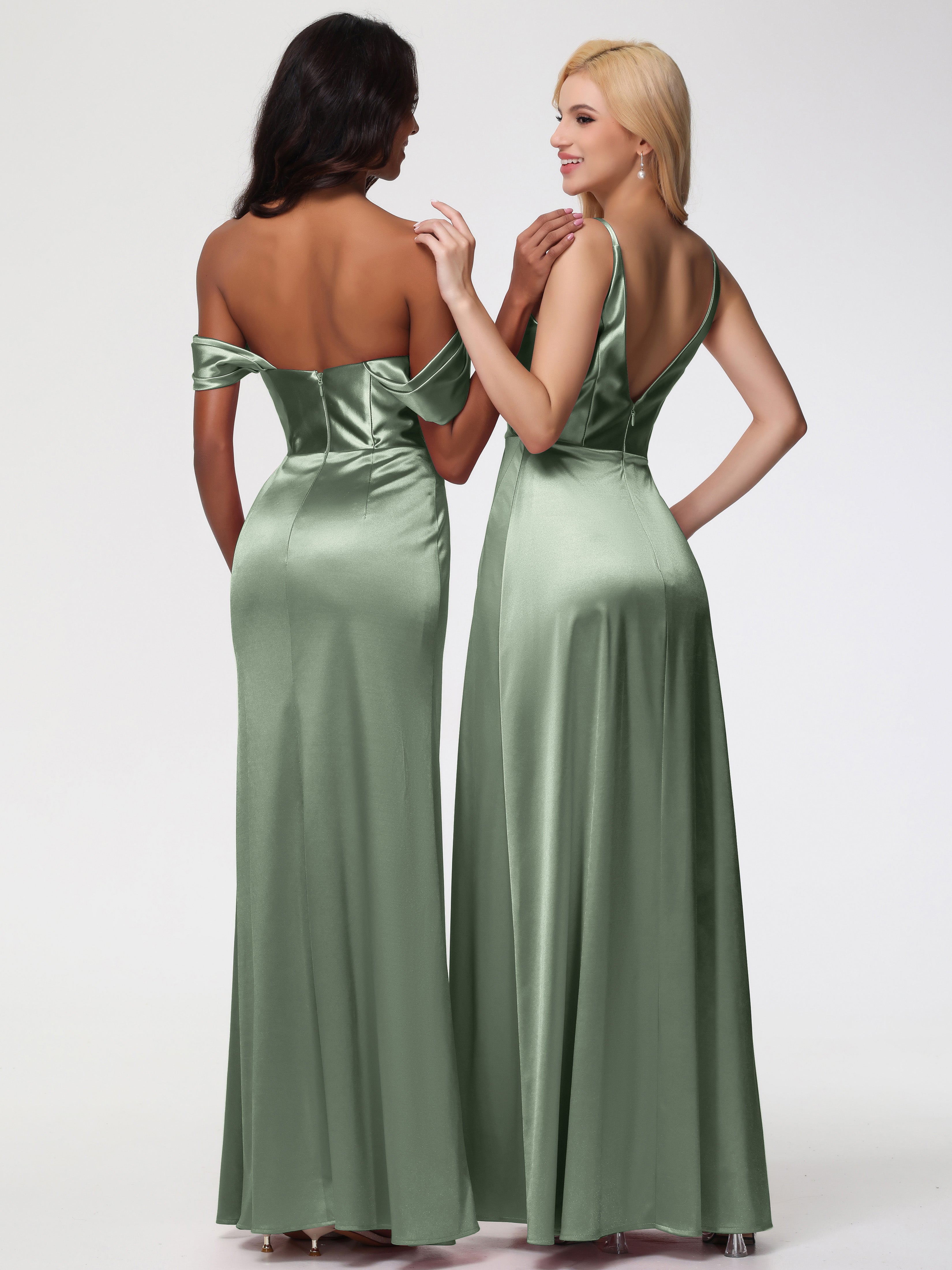 Longues Robes De Demoiselle D'Honneur De Sauge Poussiéreuse Satin Extensible Robe Fourreau Demoiselle D Honneur Epaule Dénudée