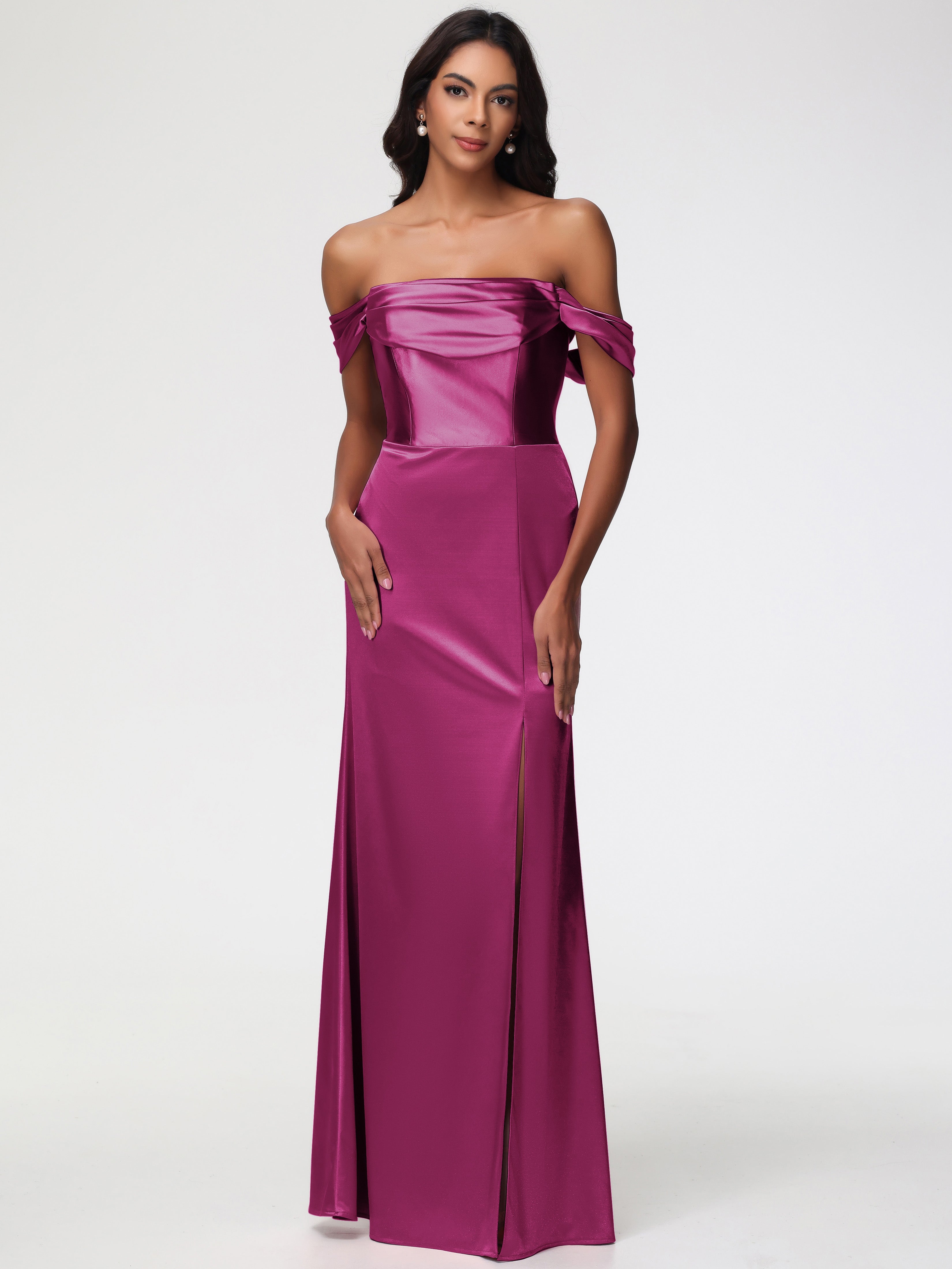 Robe De Demoiselle D Honneur Fuchsia Satin Extensible Robe Fourreau Demoiselle D Honneur Epaule Dénudée