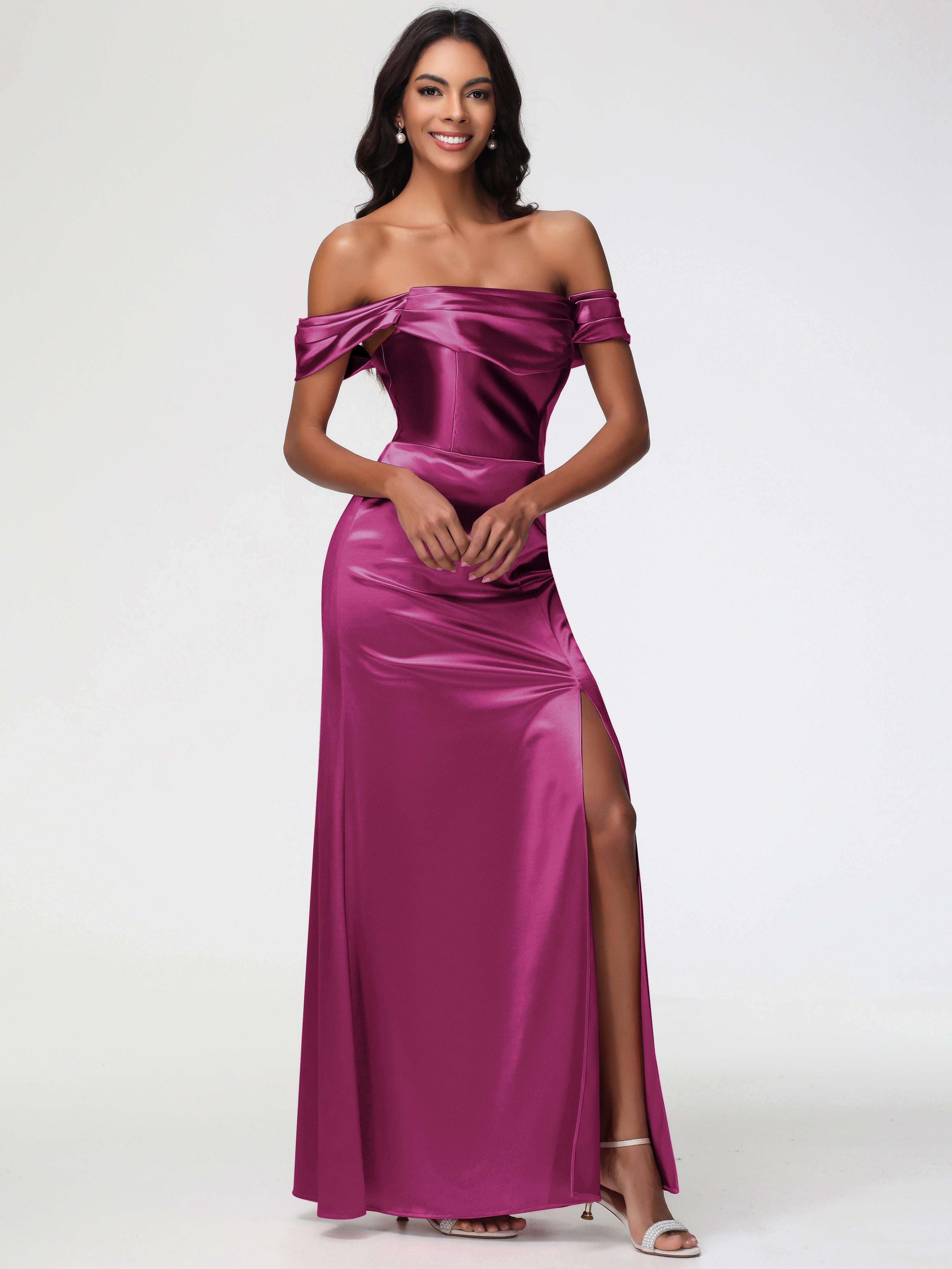 Robe De Demoiselle D Honneur Fuchsia Satin Extensible Robe Fourreau Demoiselle D Honneur Epaule Dénudée