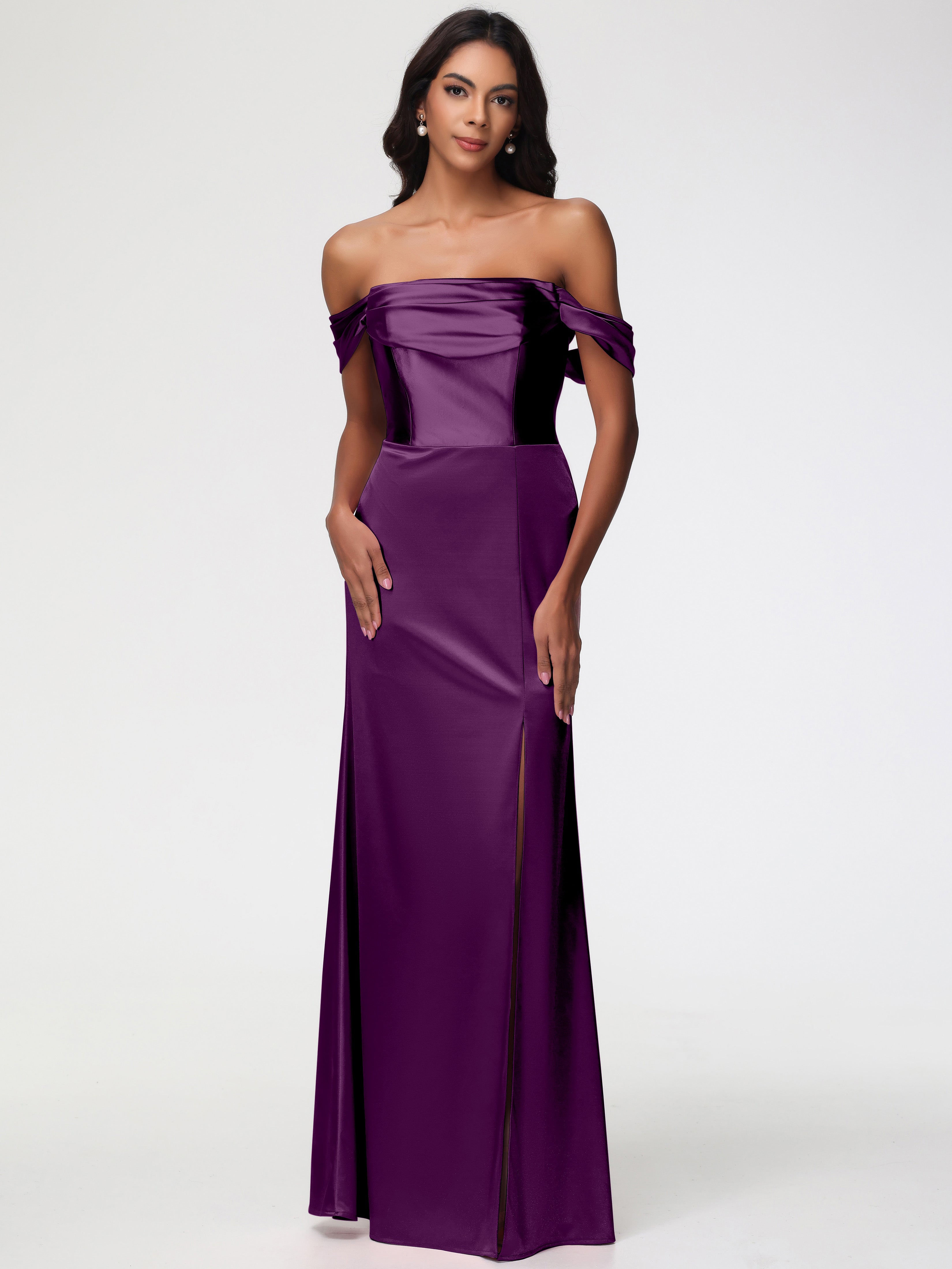 Robes De Demoiselle D'Honneur En Raisin Satin Extensible Robe Fourreau Demoiselle D Honneur Epaule Dénudée