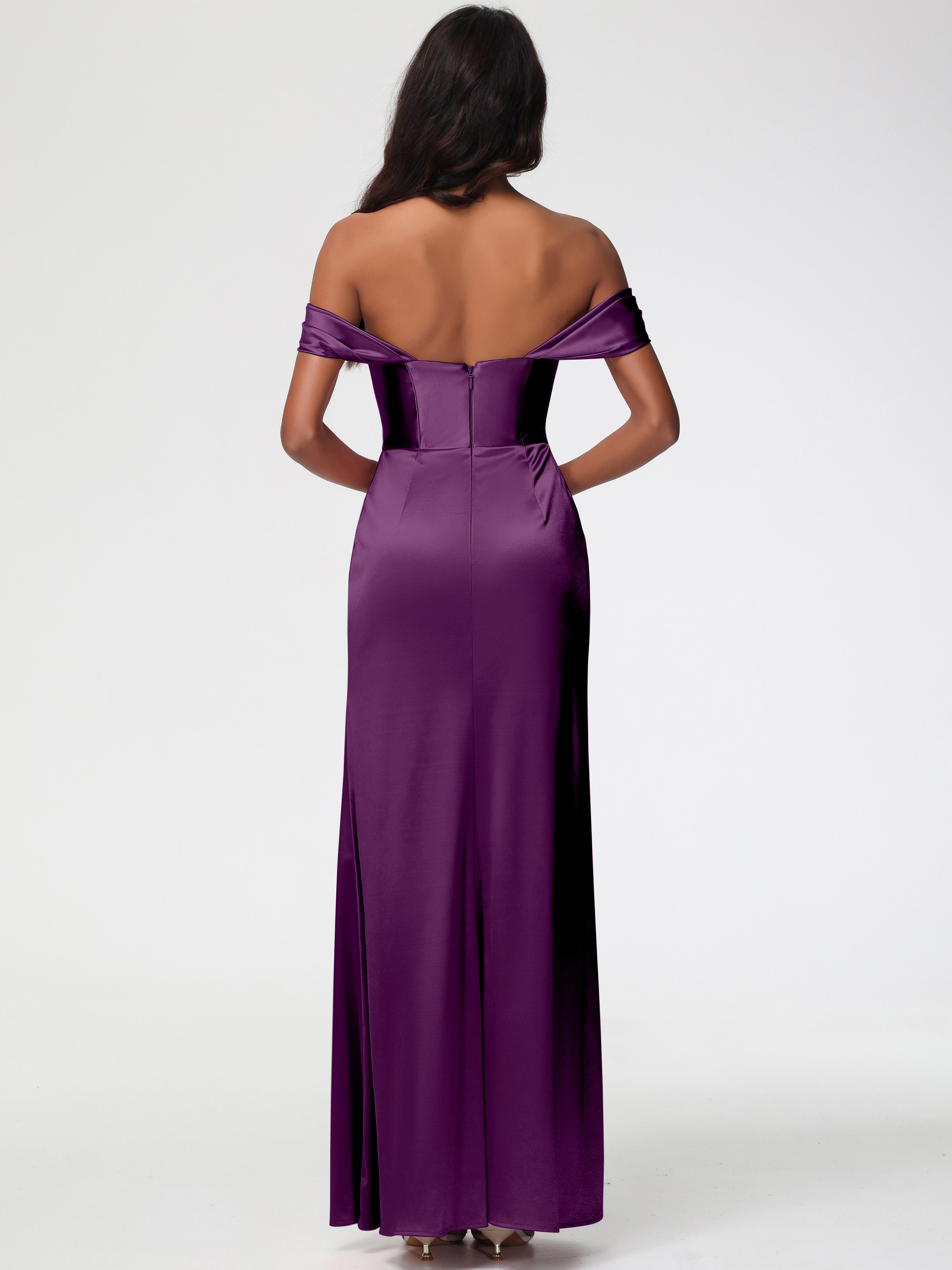 Robes De Demoiselle D'Honneur En Raisin Satin Extensible Robe Fourreau Demoiselle D Honneur Epaule Dénudée