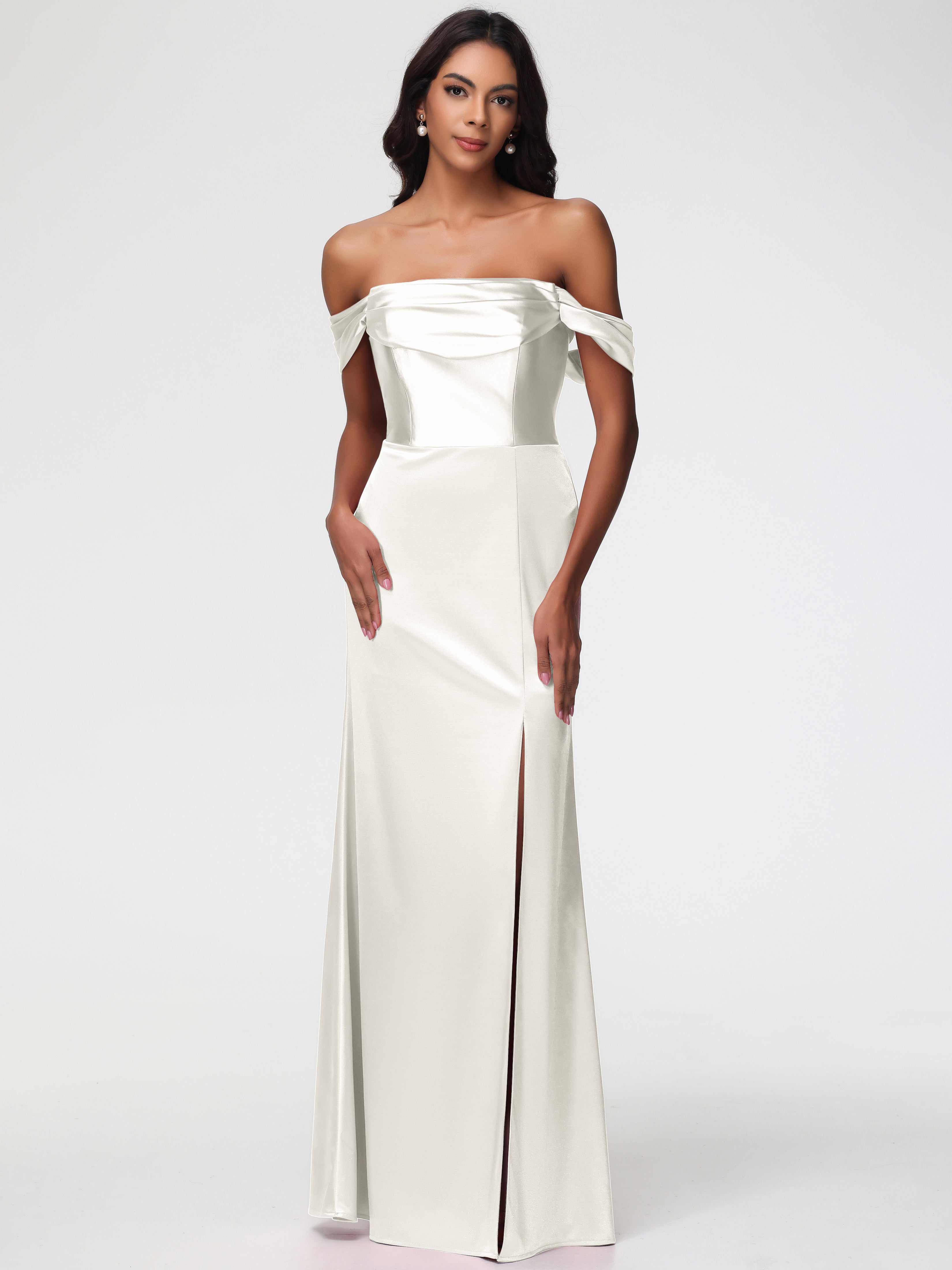 Robe Demoiselle D Honneur Ivoire Satin Extensible Robe Fourreau Demoiselle D Honneur Epaule Dénudée